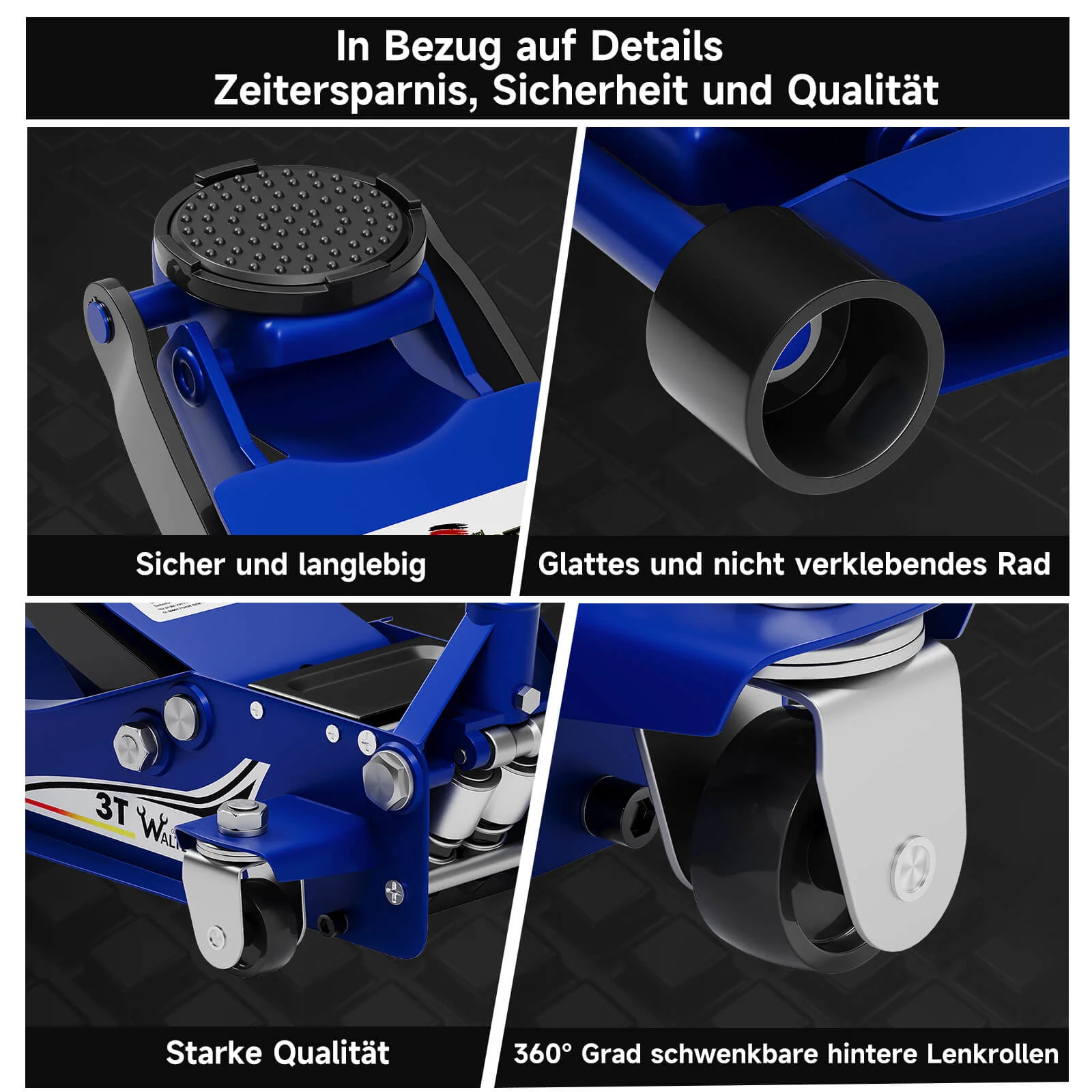 Hydraulischer Wagenheber 3T Doppelkolben 75-500mm Antirutsch-Gummiauflagen & 360° Lenkrollen für SUVs/Autos - Image 7