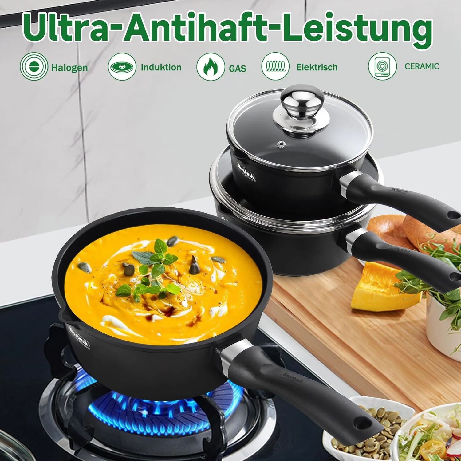 Hochwertiges 3-teiliges Induktions-Topfset – Antihaftbeschichtet, mit Glasdeckel & Ausgießer, für alle Herdarten, ideal für Milch, Soßen & Desserts - Image 6