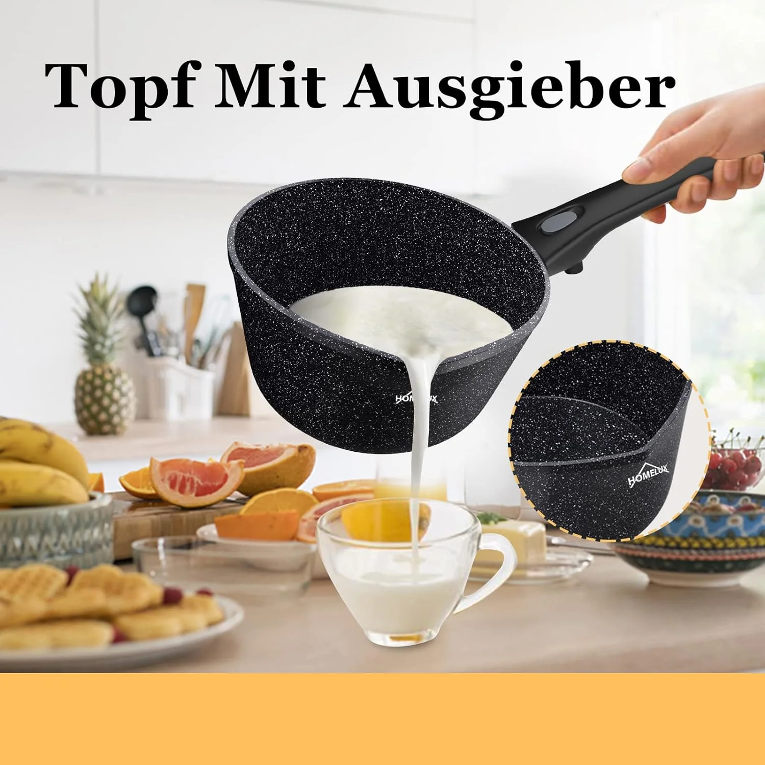 HOMELUX Antihaft-Milchtopf Induktion Kleiner Stieltopf mit Ausguss & abnehmbarem Griff Alu-Stielkasserolle beschichtet - Image 14
