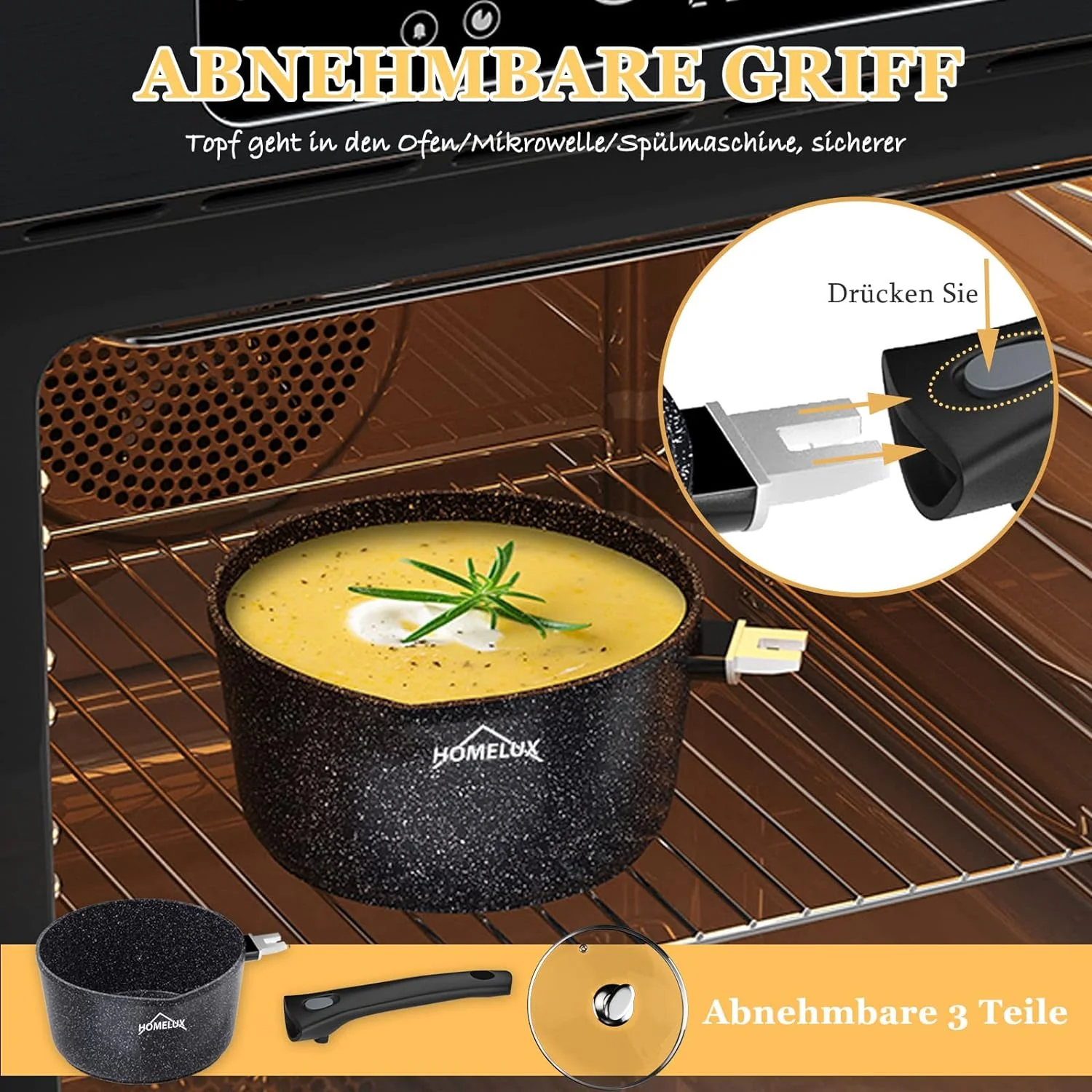 HOMELUX Antihaft-Milchtopf Induktion Kleiner Stieltopf mit Ausguss & abnehmbarem Griff Alu-Stielkasserolle beschichtet - Image 3