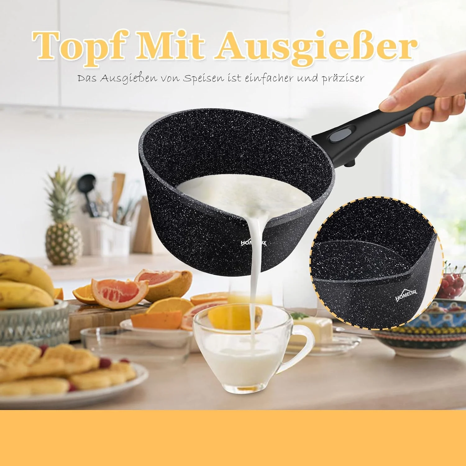 HOMELUX Antihaft-Milchtopf Induktion Kleiner Stieltopf mit Ausguss & abnehmbarem Griff Alu-Stielkasserolle beschichtet - Image 6