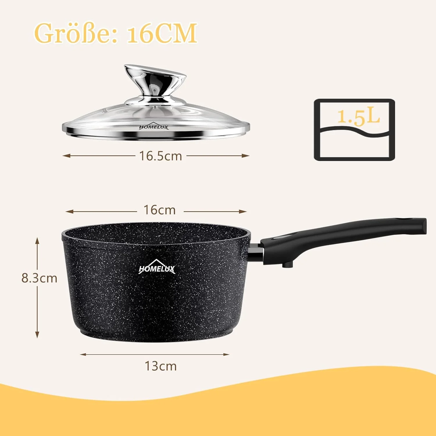 HOMELUX Antihaft-Milchtopf Induktion Kleiner Stieltopf mit Ausguss & abnehmbarem Griff Alu-Stielkasserolle beschichtet - Image 7