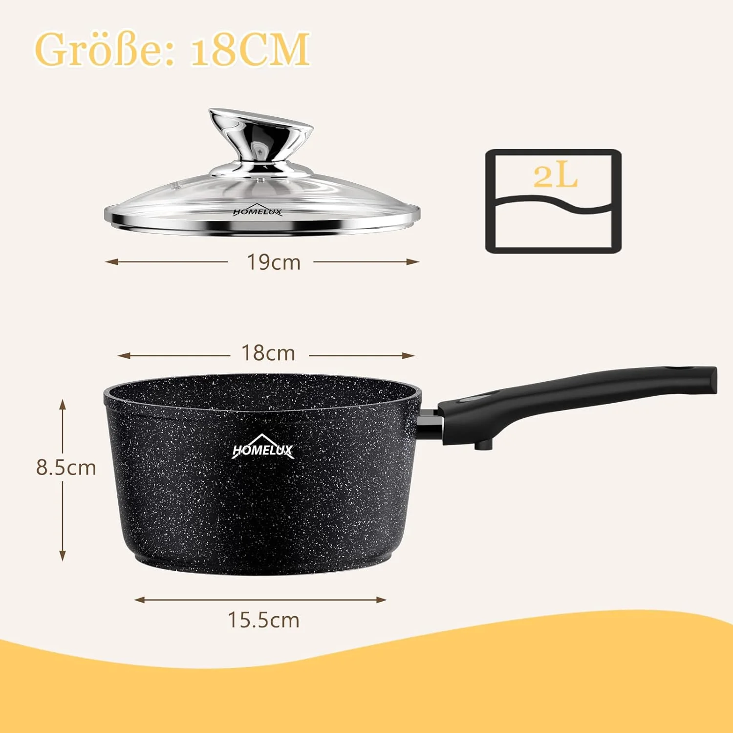 HOMELUX Antihaft-Milchtopf Induktion Kleiner Stieltopf mit Ausguss & abnehmbarem Griff Alu-Stielkasserolle beschichtet - Image 8