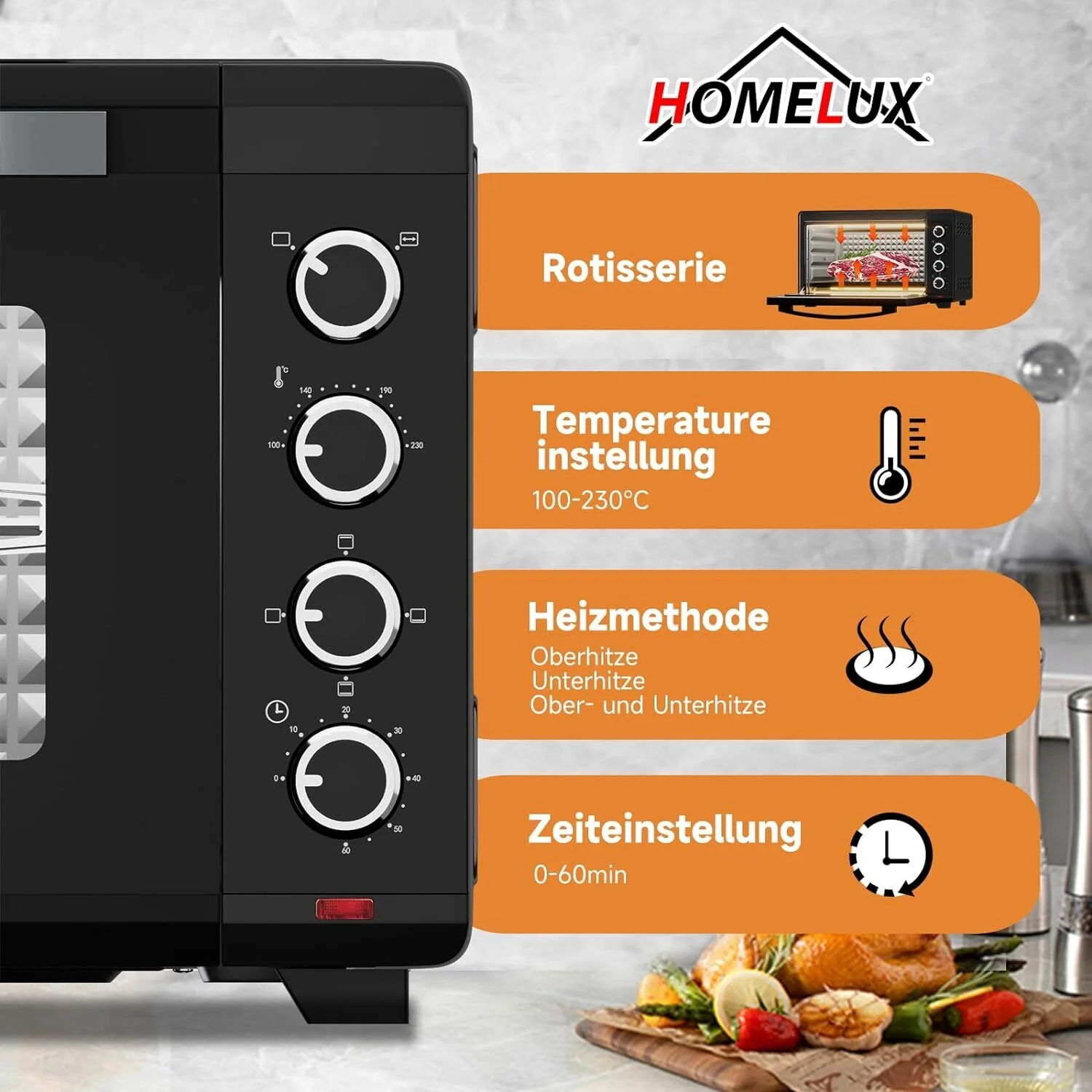 Minibackofen 60L mit Drehspieß Timer Mini Backofen Pizza-Ofen 2000W Mini Ofen - Image 3