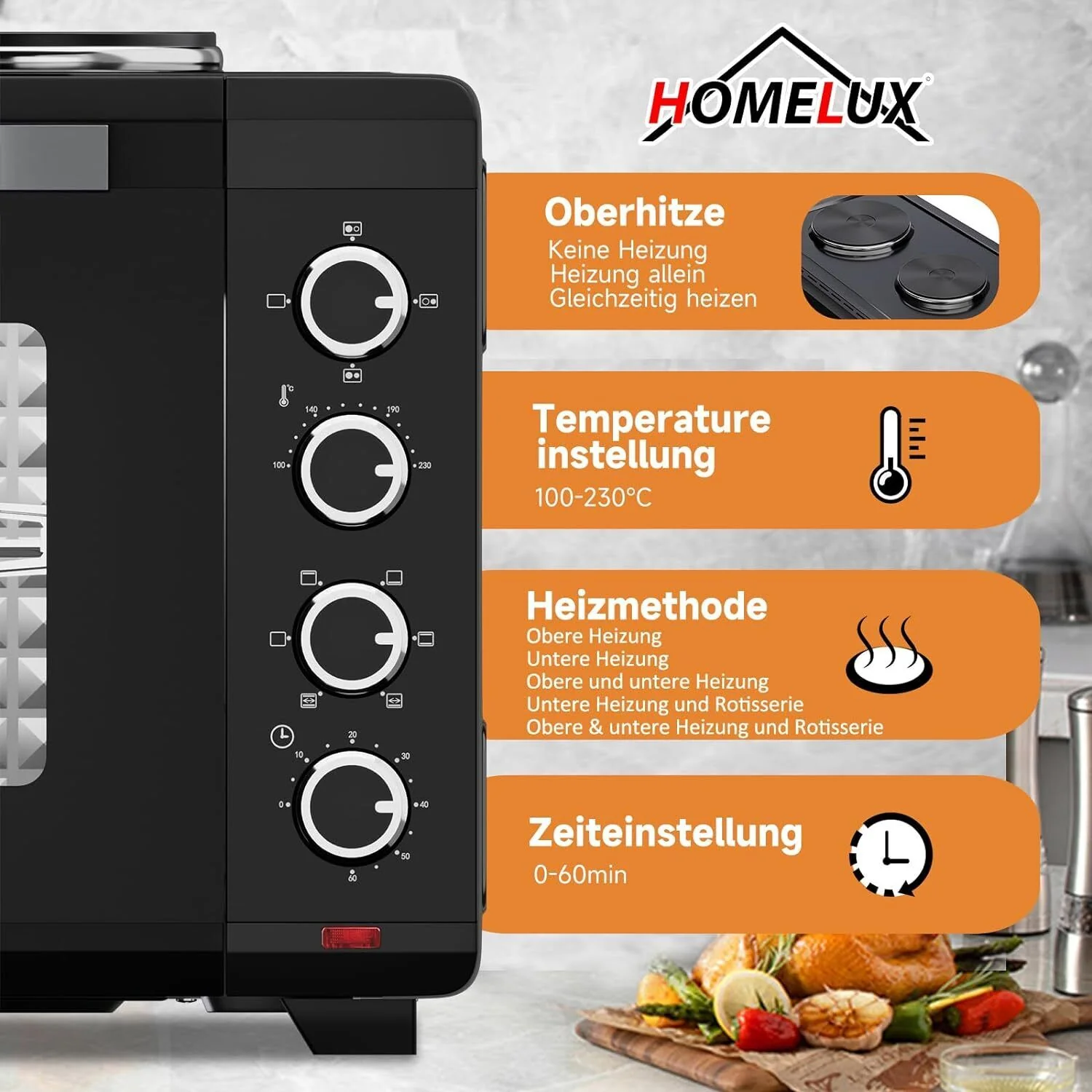 48L Minibackofen mit Kochplatten, Drehspieß, Umluft, 3600W, Pizzaofen, Grill und Ofenfunktion - Image 3