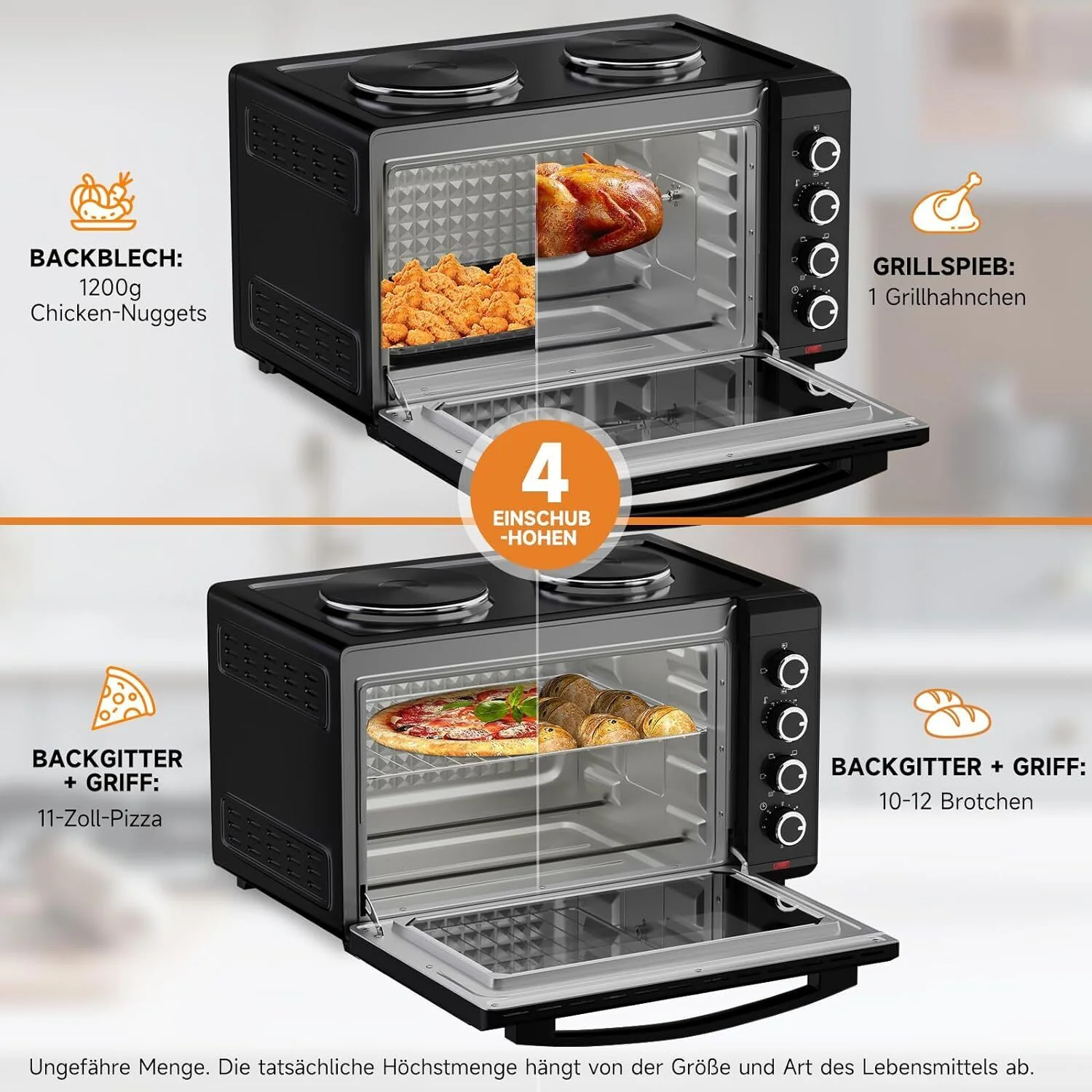 48L Minibackofen mit Kochplatten, Drehspieß, Umluft, 3600W, Pizzaofen, Grill und Ofenfunktion - Image 6