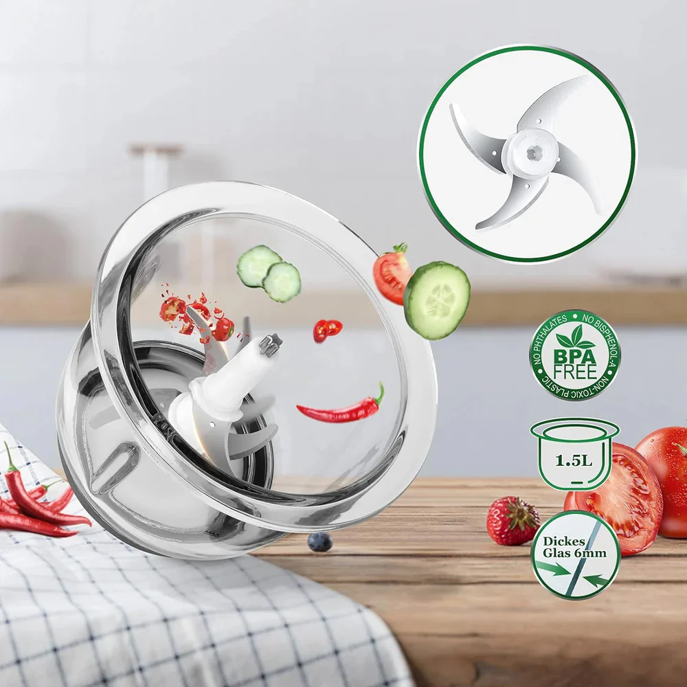 Scheffler Electric Multi Chopper Kitchen Electric with 1.5 L Glass Container, 300 W, 4 Stainless Steel Mes, 2 Speeds, Universal Chopper Food Chopper - Image 5
