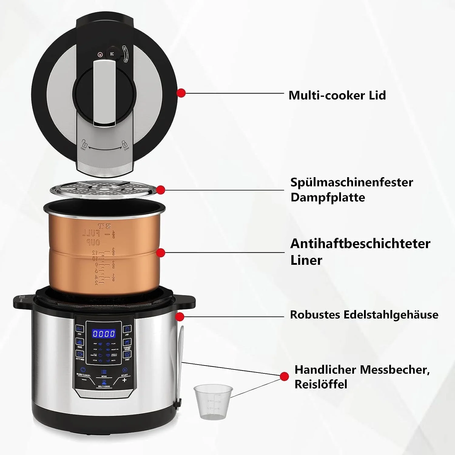 Multikocher 6L 1000W Edelstahl Reiskocher Schnellkochtopf Dampfgarer Reis - Image 4