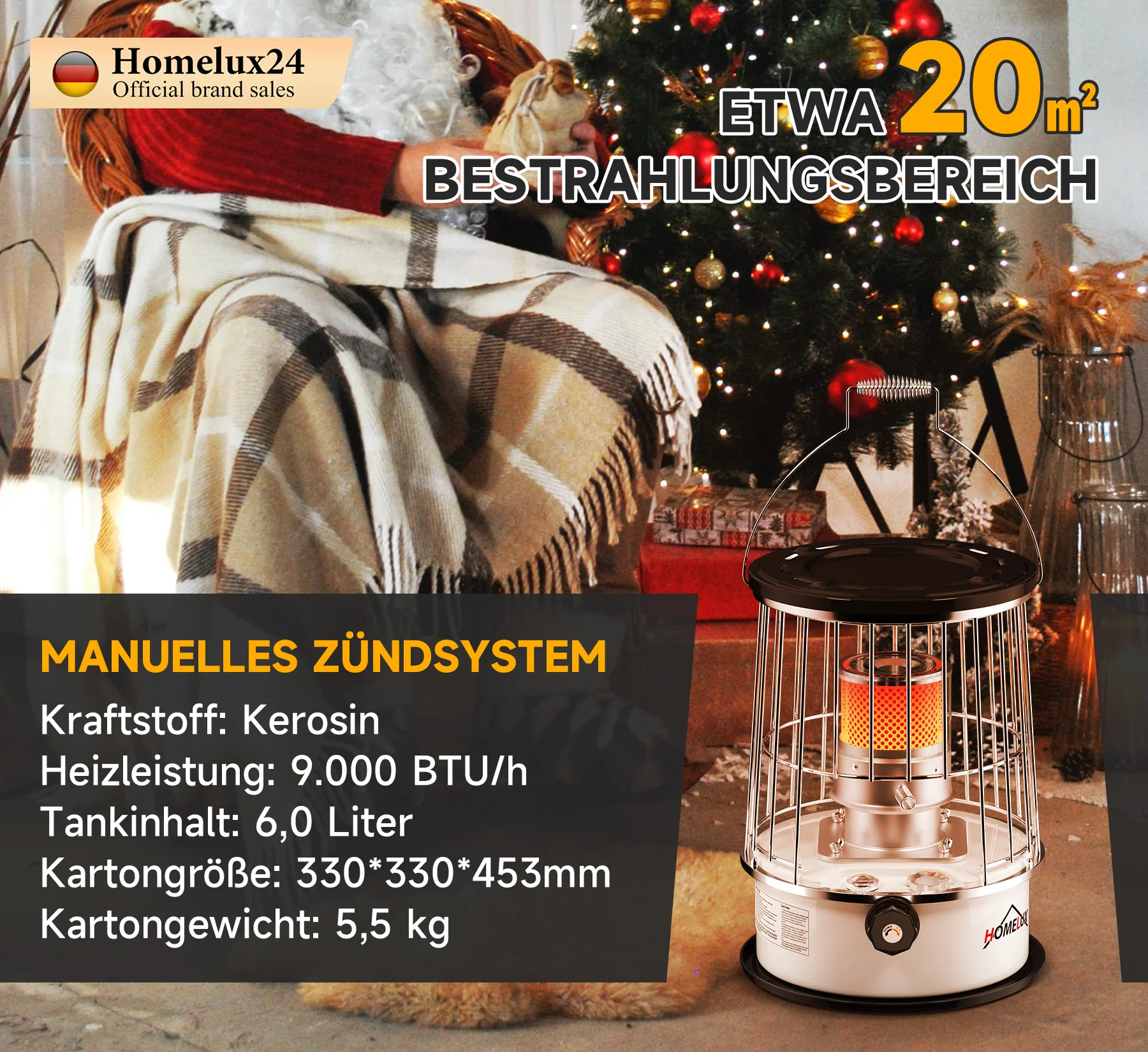 Homelux 6L Petroleumofen, 9.000 BTU/h, ohne Strom, mobil, 20㎡ Heizbereich, mit Kleidersack, gehärtetem Glas-Schornstein - Image 3