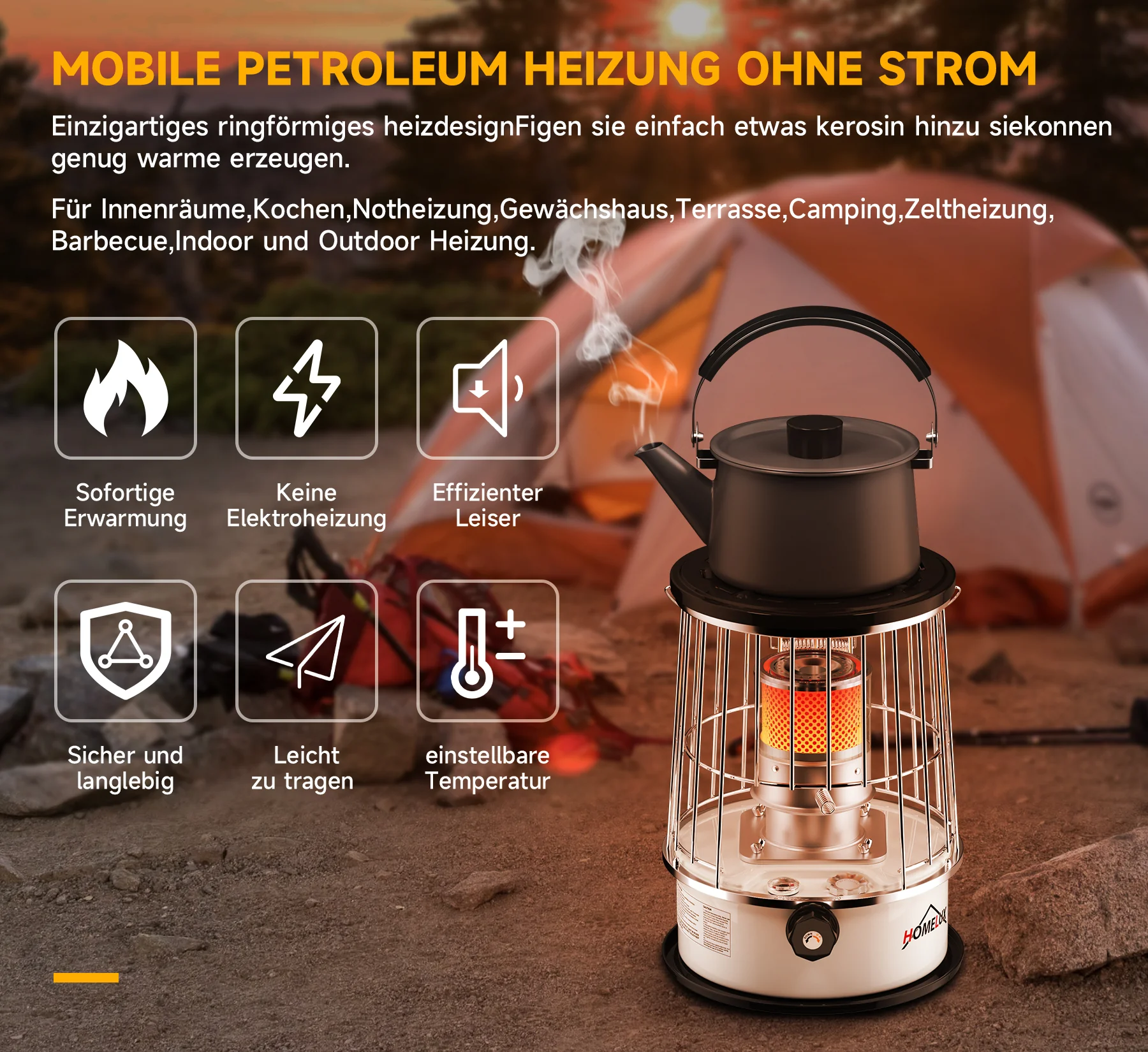 Homelux 6L Petroleumofen, 9.000 BTU/h, ohne Strom, mobil, 20㎡ Heizbereich, mit Kleidersack, gehärtetem Glas-Schornstein - Image 5