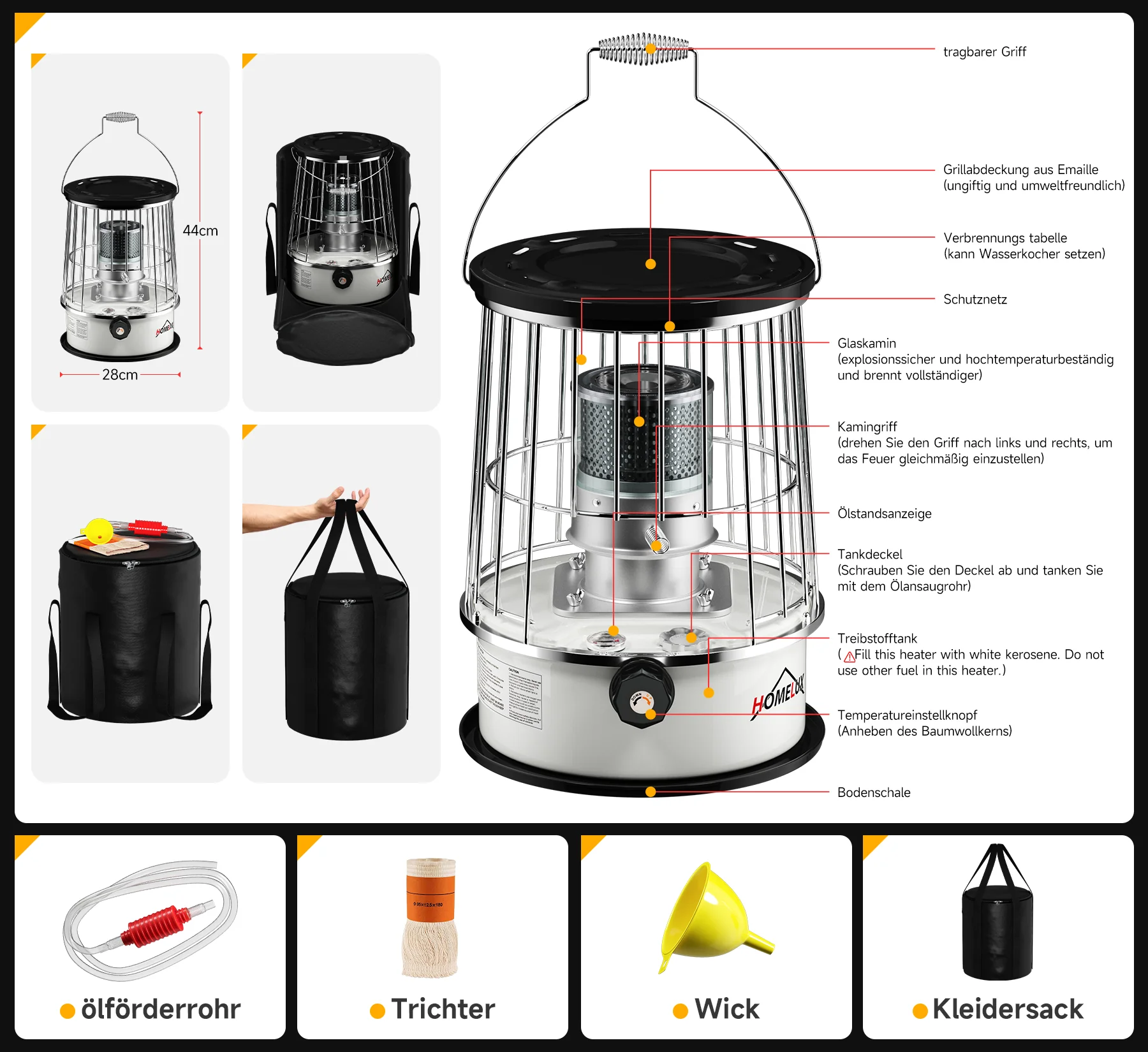 Homelux 6L Petroleumofen, 9.000 BTU/h, ohne Strom, mobil, 20㎡ Heizbereich, mit Kleidersack, gehärtetem Glas-Schornstein - Image 7