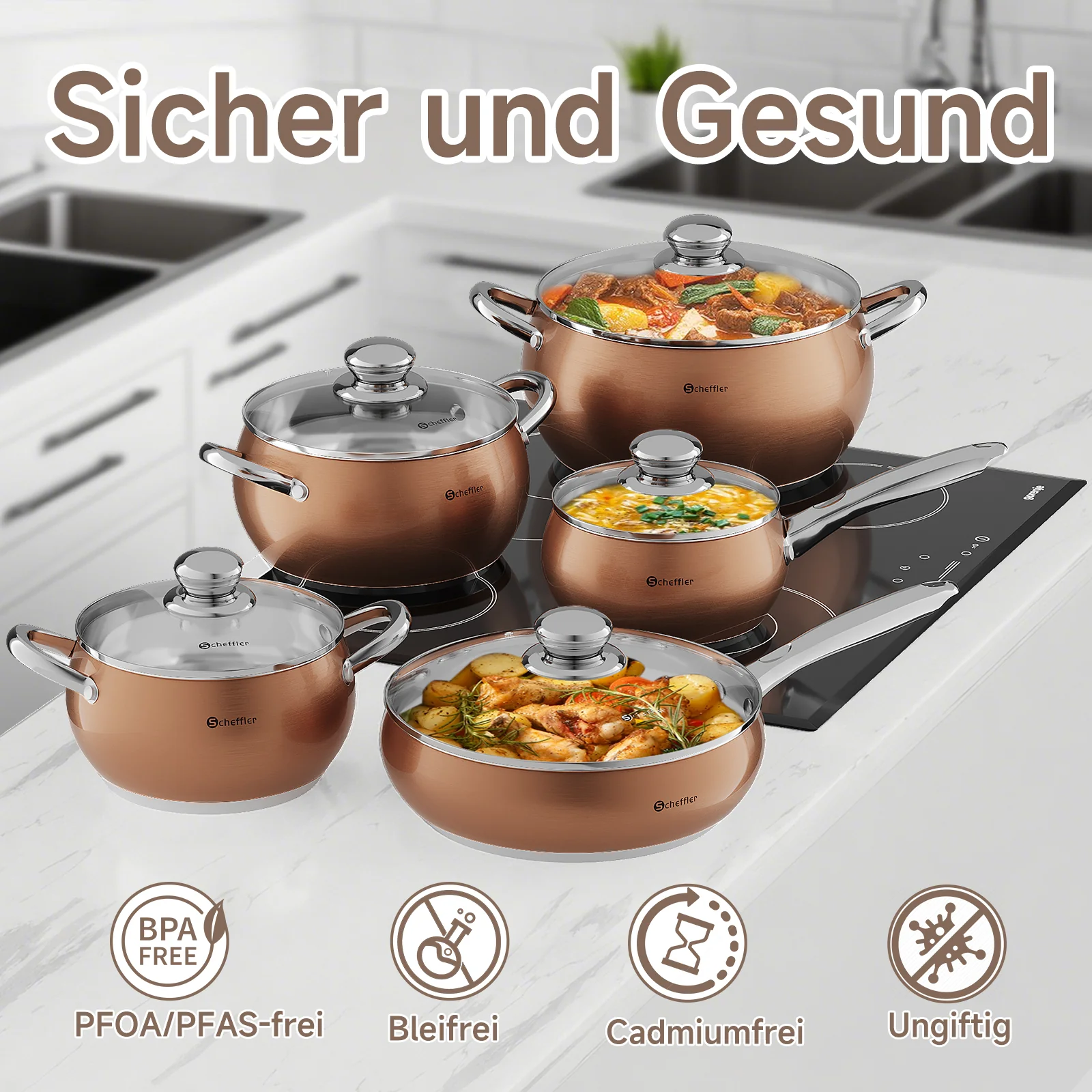 Scheffler 10-teiliges Edelstahl Topfset mit Deckeln, induktionsgeeignet, passend für alle Herdarten - Image 2