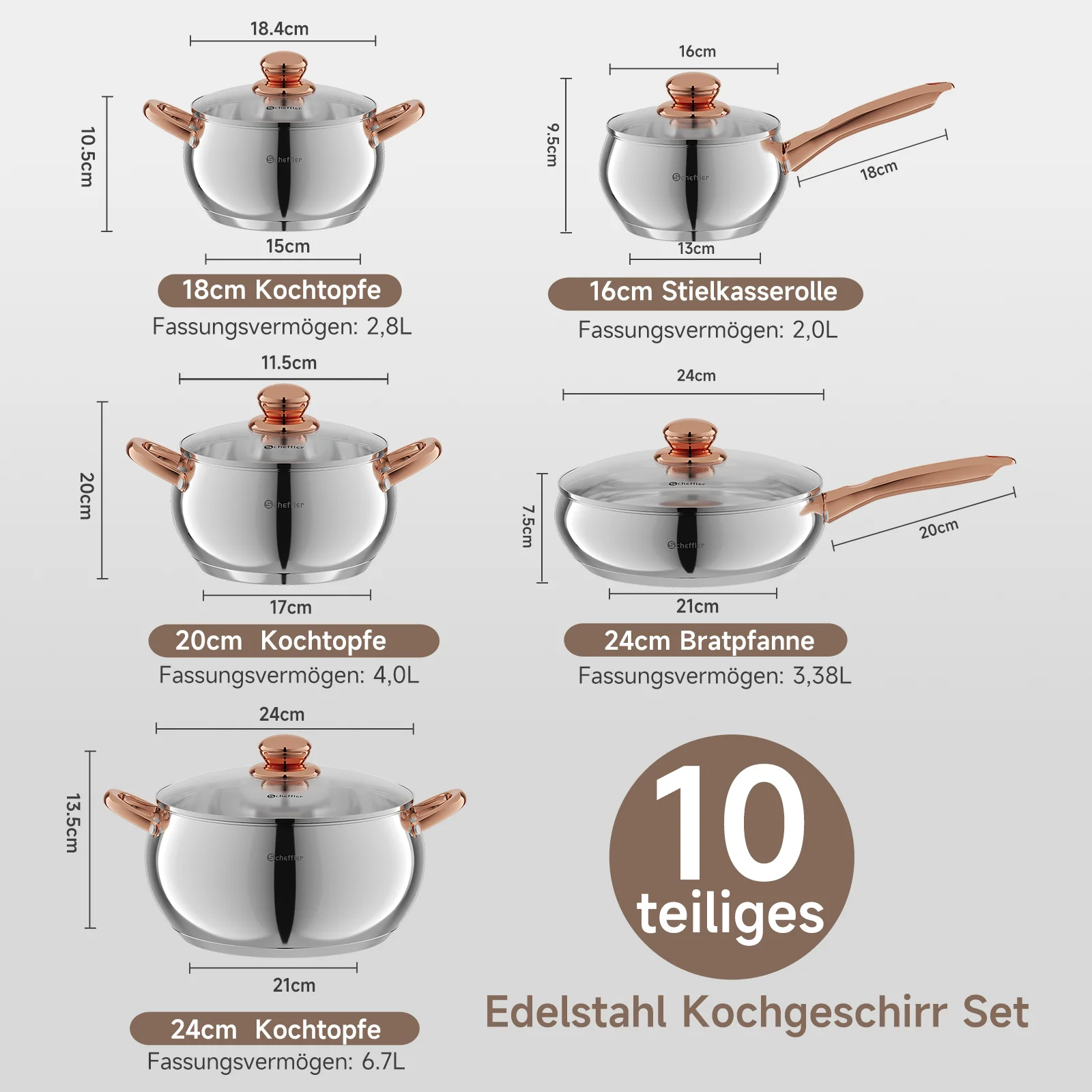 Scheffler 10-teiliges Edelstahl Topfset mit Deckeln, induktionsgeeignet, passend für alle Herdarten - Image 3