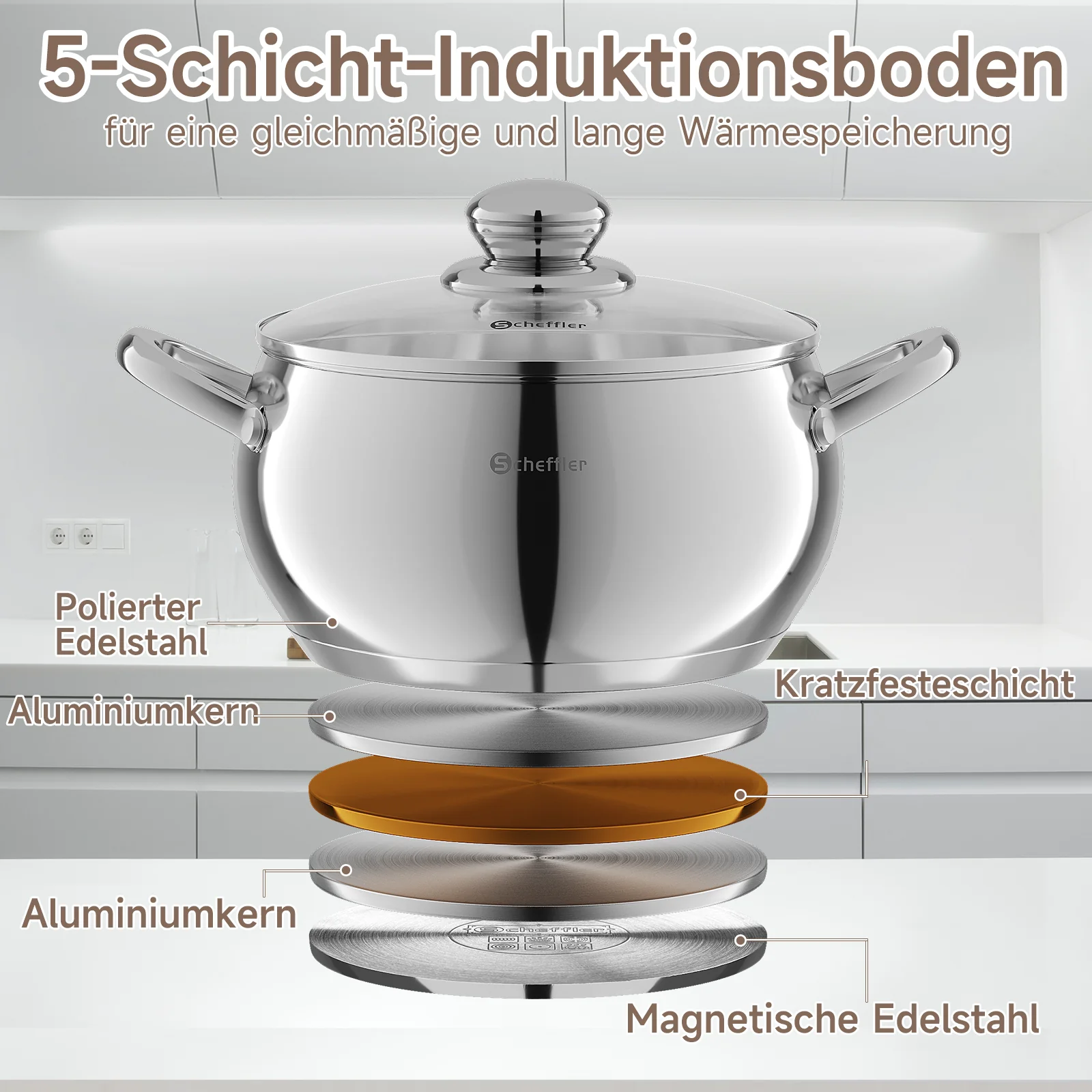 Scheffler 10-teiliges Edelstahl Topfset mit Deckeln, induktionsgeeignet, passend für alle Herdarten - Image 4