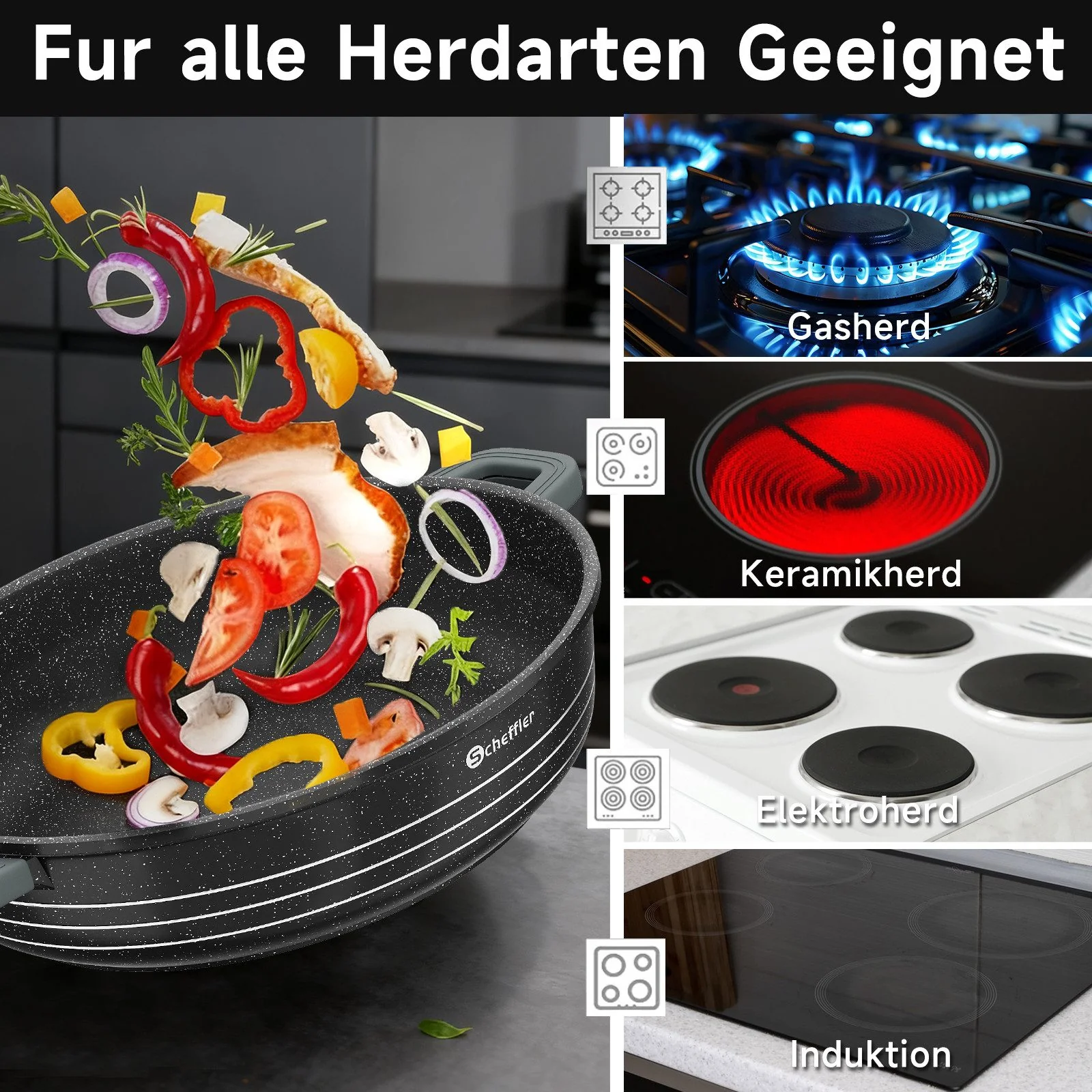 Scheffler Aluguss Kochtopf Set Antihaft Induktion Glasdeckel 3er Set energiesparend robust gleichmäßig gesund kochen 2 Größenwahl - Image 2