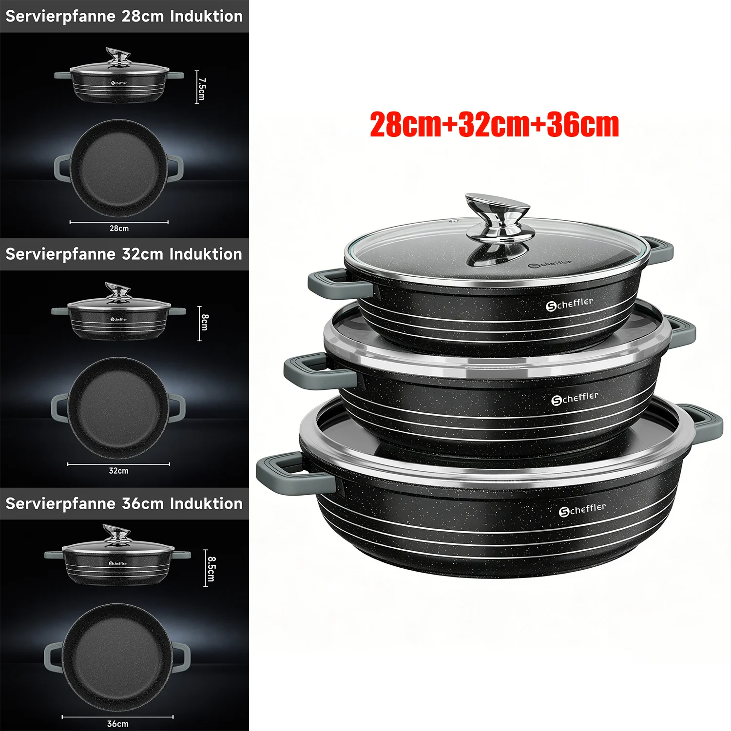 Scheffler Aluguss Kochtopf Set Antihaft Induktion Glasdeckel 3er Set energiesparend robust gleichmäßig gesund kochen 2 Größenwahl - Image 4