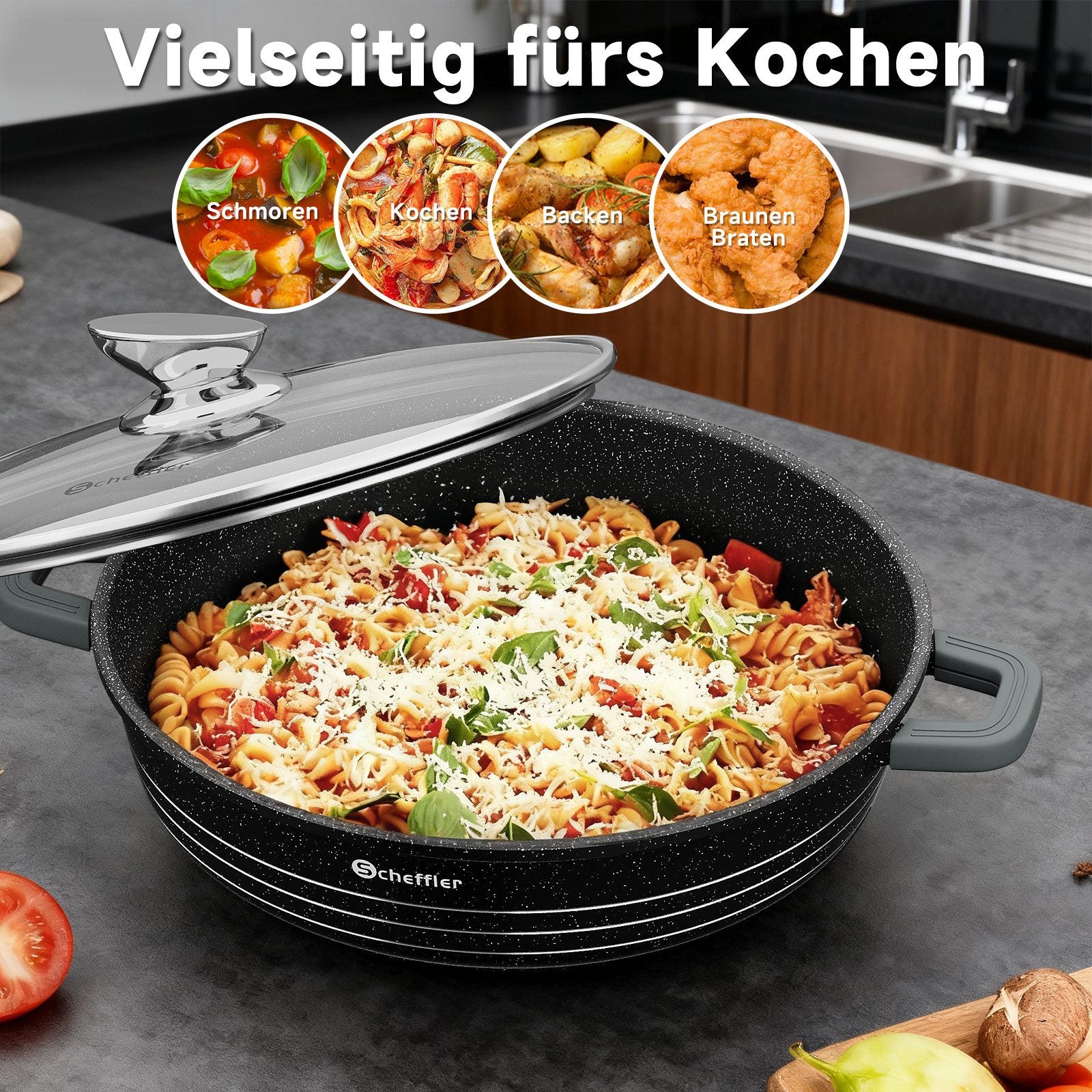 Scheffler Aluguss Kochtopf Set Antihaft Induktion Glasdeckel 3er Set energiesparend robust gleichmäßig gesund kochen 2 Größenwahl - Image 6