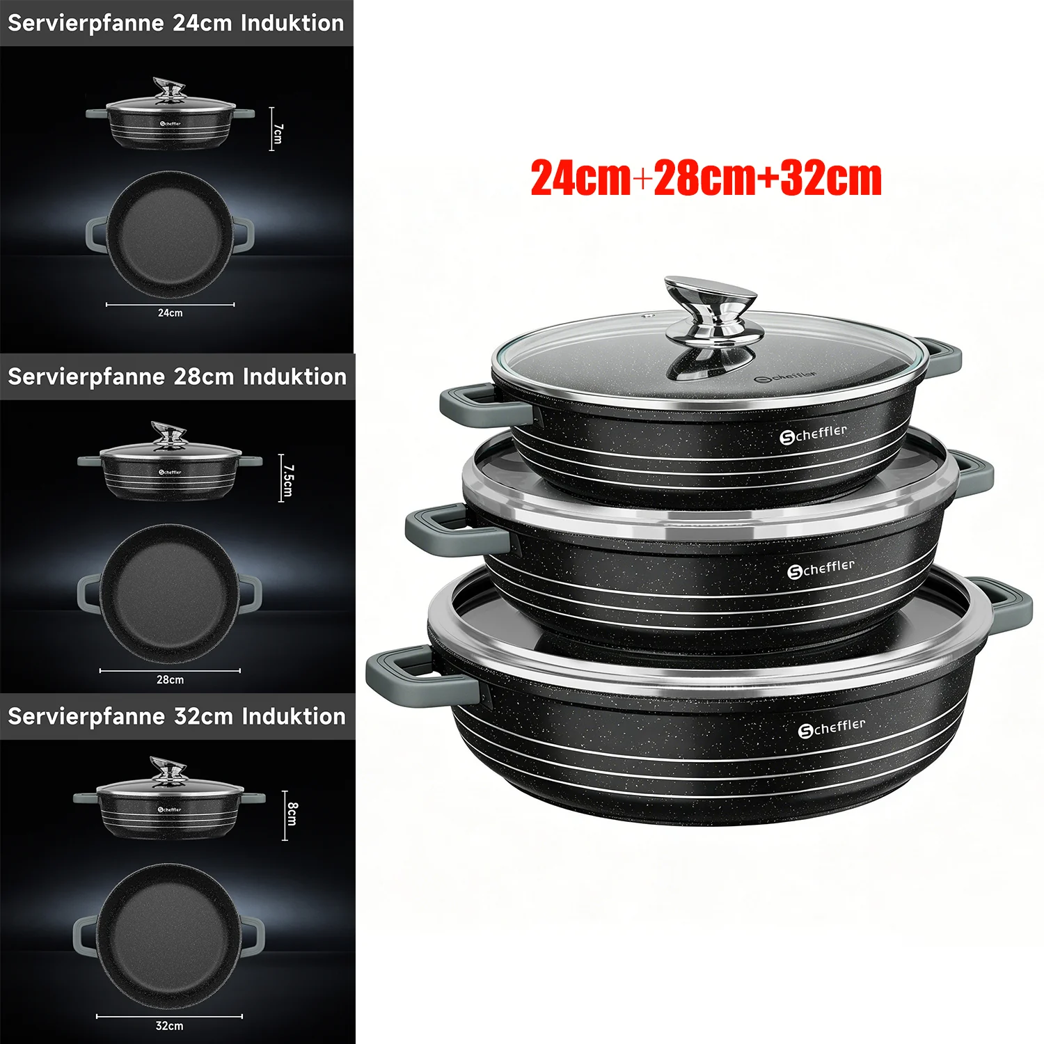 Scheffler Aluguss Kochtopf Set Antihaft Induktion Glasdeckel 3er Set energiesparend robust gleichmäßig gesund kochen 2 Größenwahl - Image 7