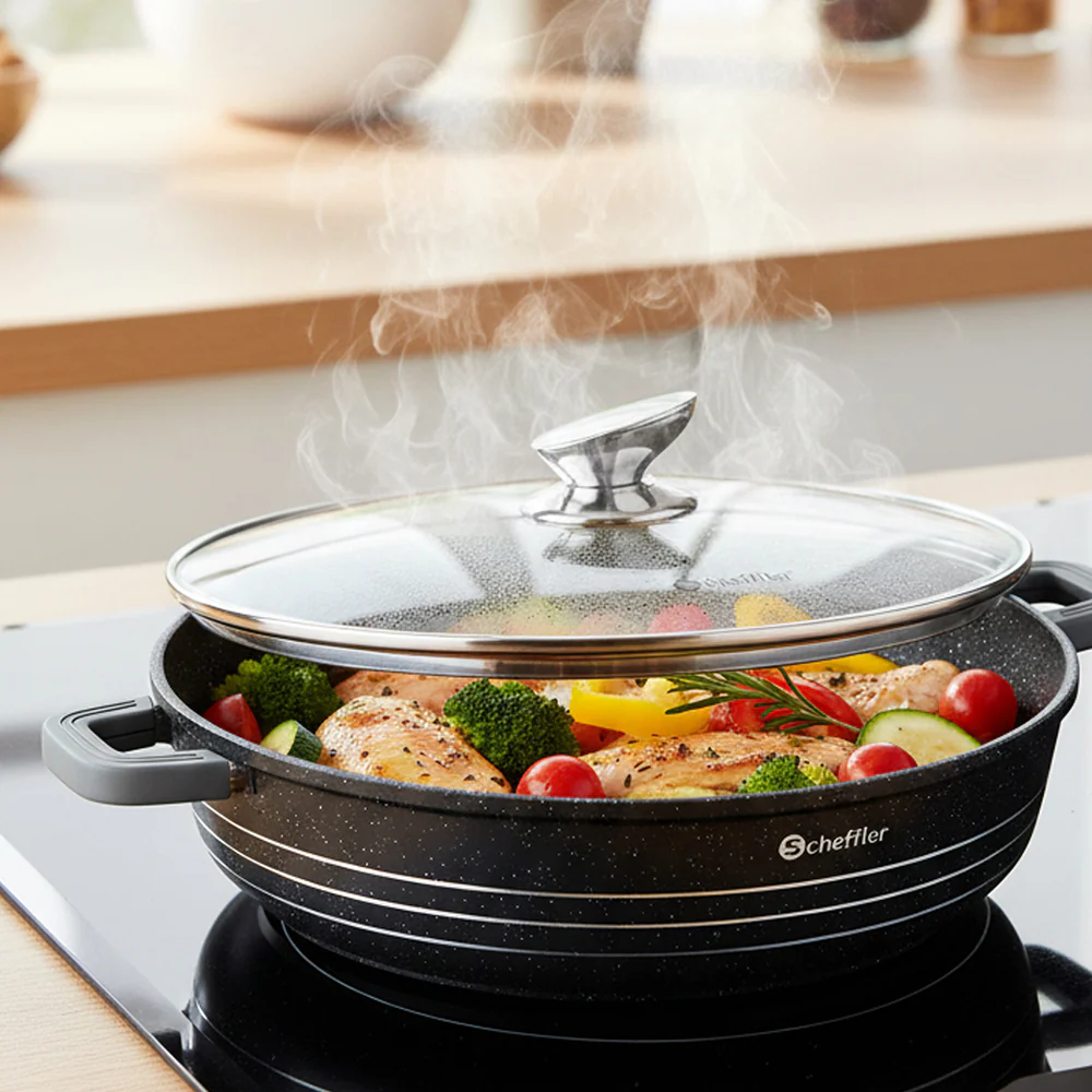 Scheffler Aluguss Kochtopf Set Antihaft Induktion Glasdeckel 3er Set energiesparend robust gleichmäßig gesund kochen 2 Größenwahl - Image 9