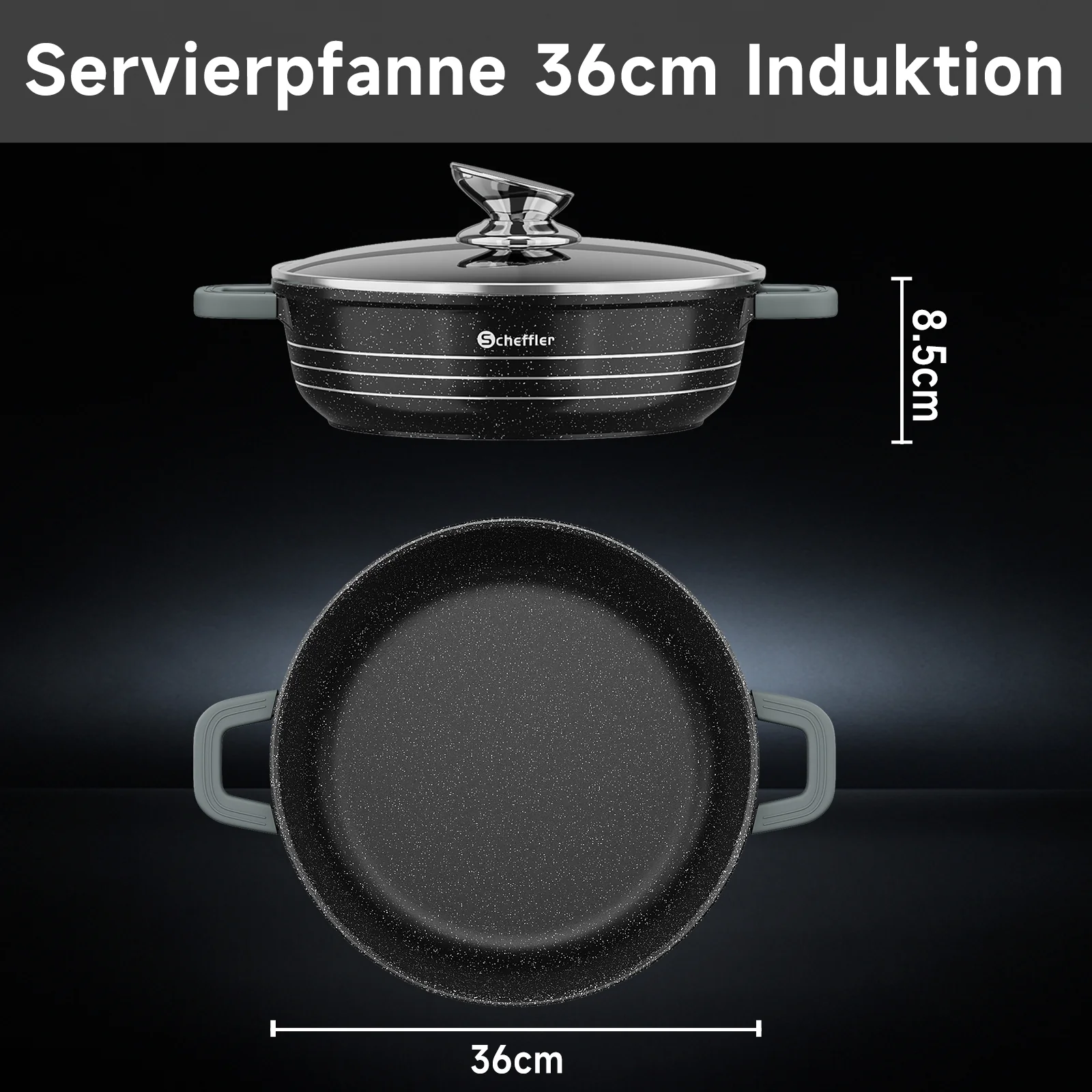 Scheffler Induktions-Servierpfanne aus Aluminiumguss mit marmorierter Antihaftbeschichtung, Glasdeckel und hitzebeständigem Silikongriff - Image 10