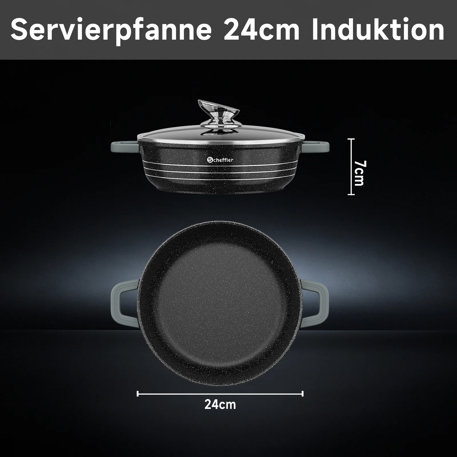 Scheffler Induktions-Servierpfanne aus Aluminiumguss mit marmorierter Antihaftbeschichtung, Glasdeckel und hitzebeständigem Silikongriff - Image 3