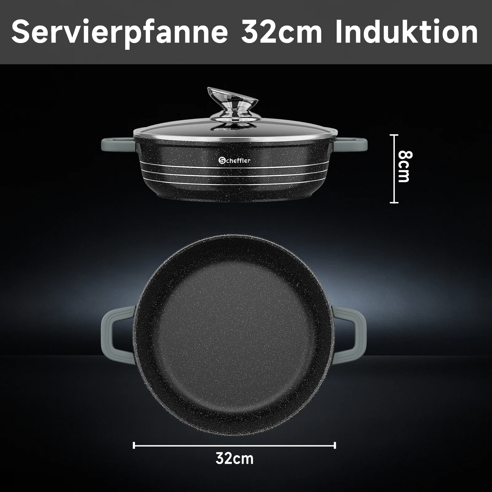 Scheffler Induktions-Servierpfanne aus Aluminiumguss mit marmorierter Antihaftbeschichtung, Glasdeckel und hitzebeständigem Silikongriff - Image 9