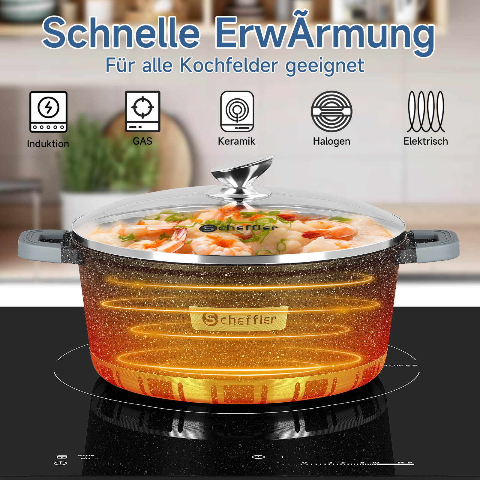 Scheffler Kochtopf mit Glasdeckel für Induktion Aluguss Antihaft Topf, hitzebeständig, energiesparend, frei von PFOA & PFOS - Image 4