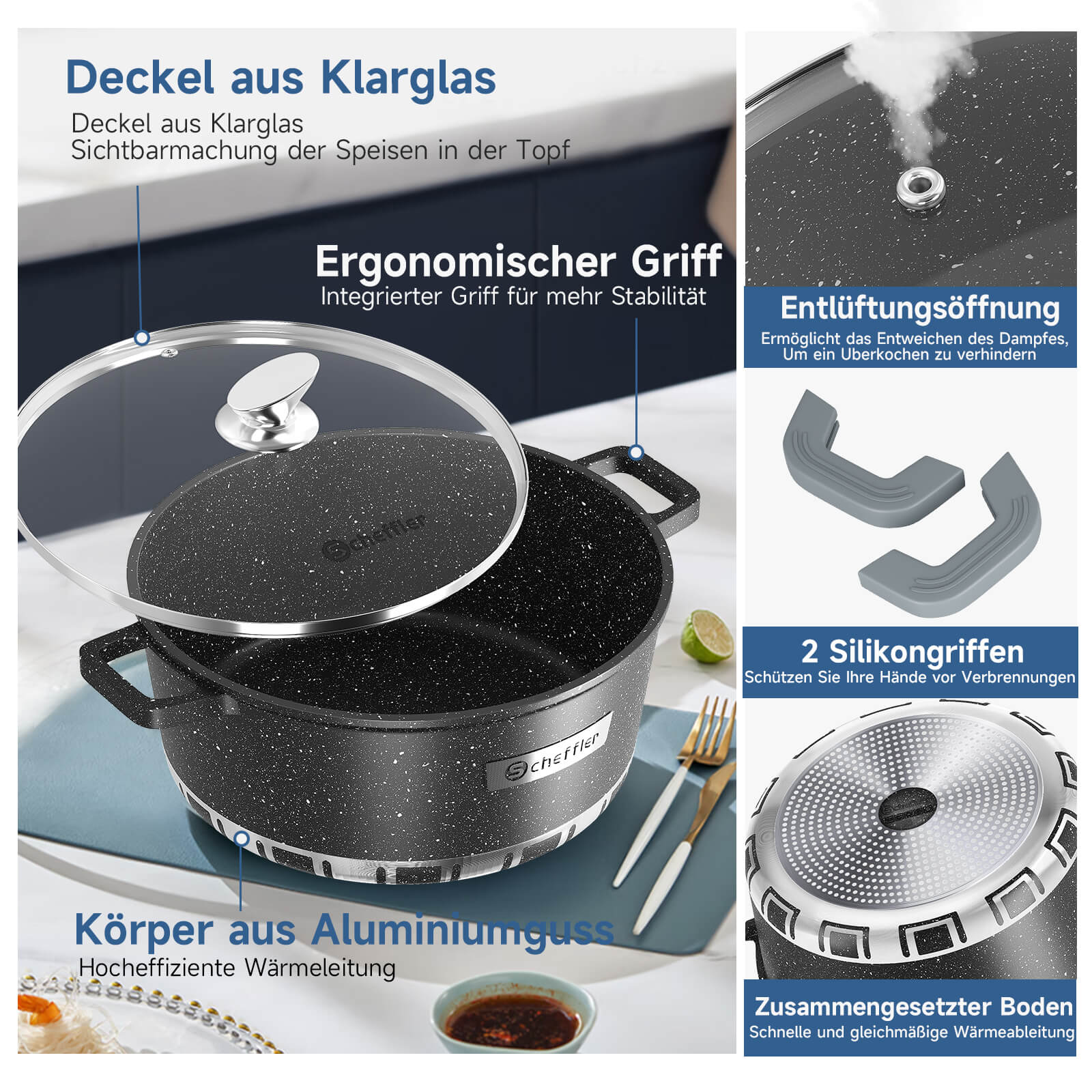 Scheffler Kochtopf mit Glasdeckel für Induktion Aluguss Antihaft Topf, hitzebeständig, energiesparend, frei von PFOA & PFOS - Image 7