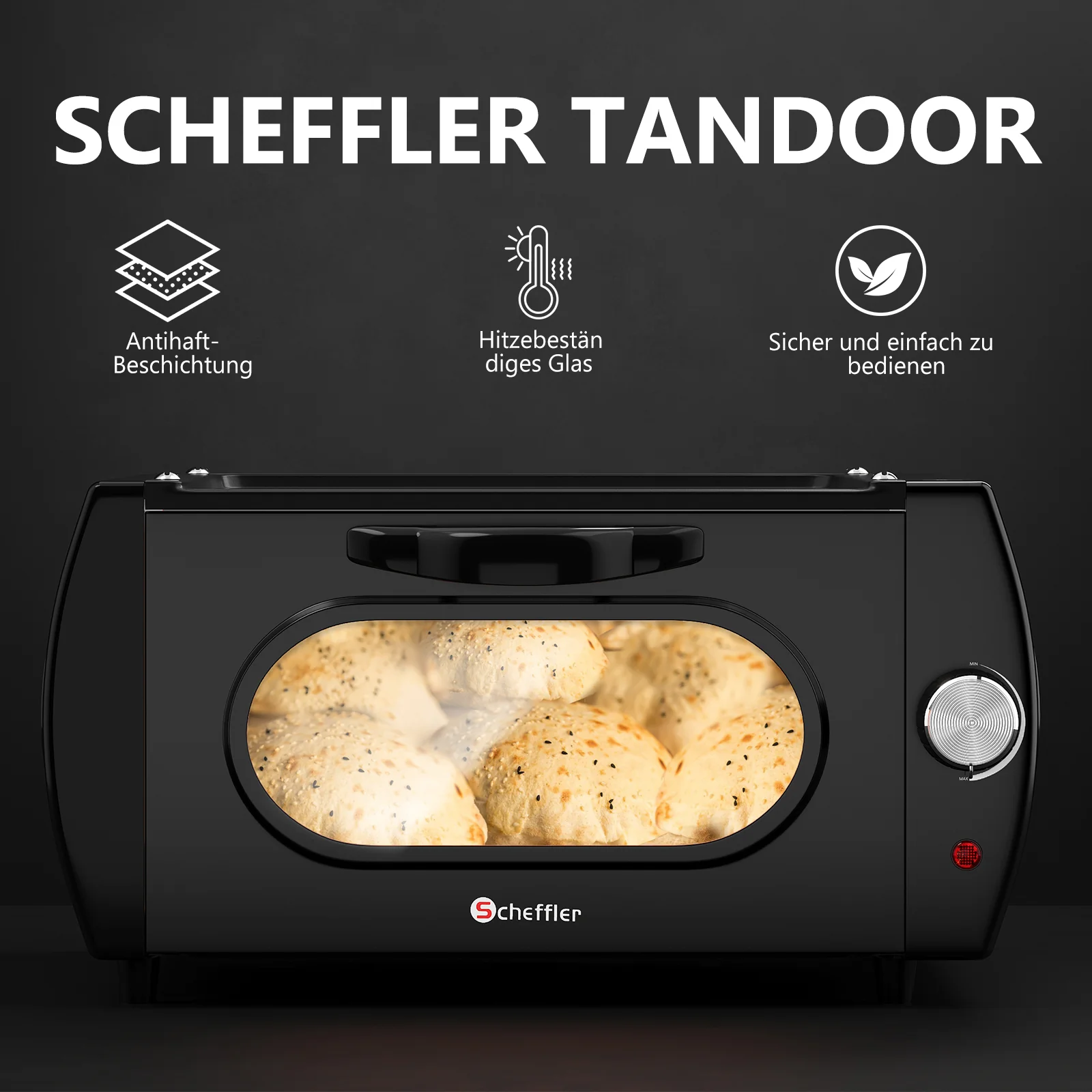 Scheffler Minibackofen Mini-Tandoor 2100 W mit Antihaftbeschichtete Deckplatte, großes Sichtfenster - Image 4