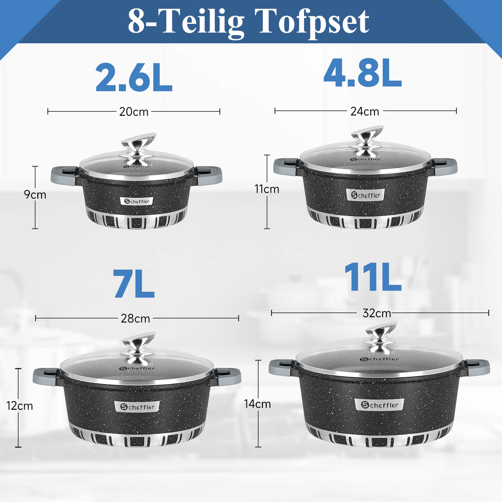 Scheffler Topfset Kochtopf Set mit Glasdeckel Antihaftbeschichtung Induktion für alle Herdarten geeignet - Image 8