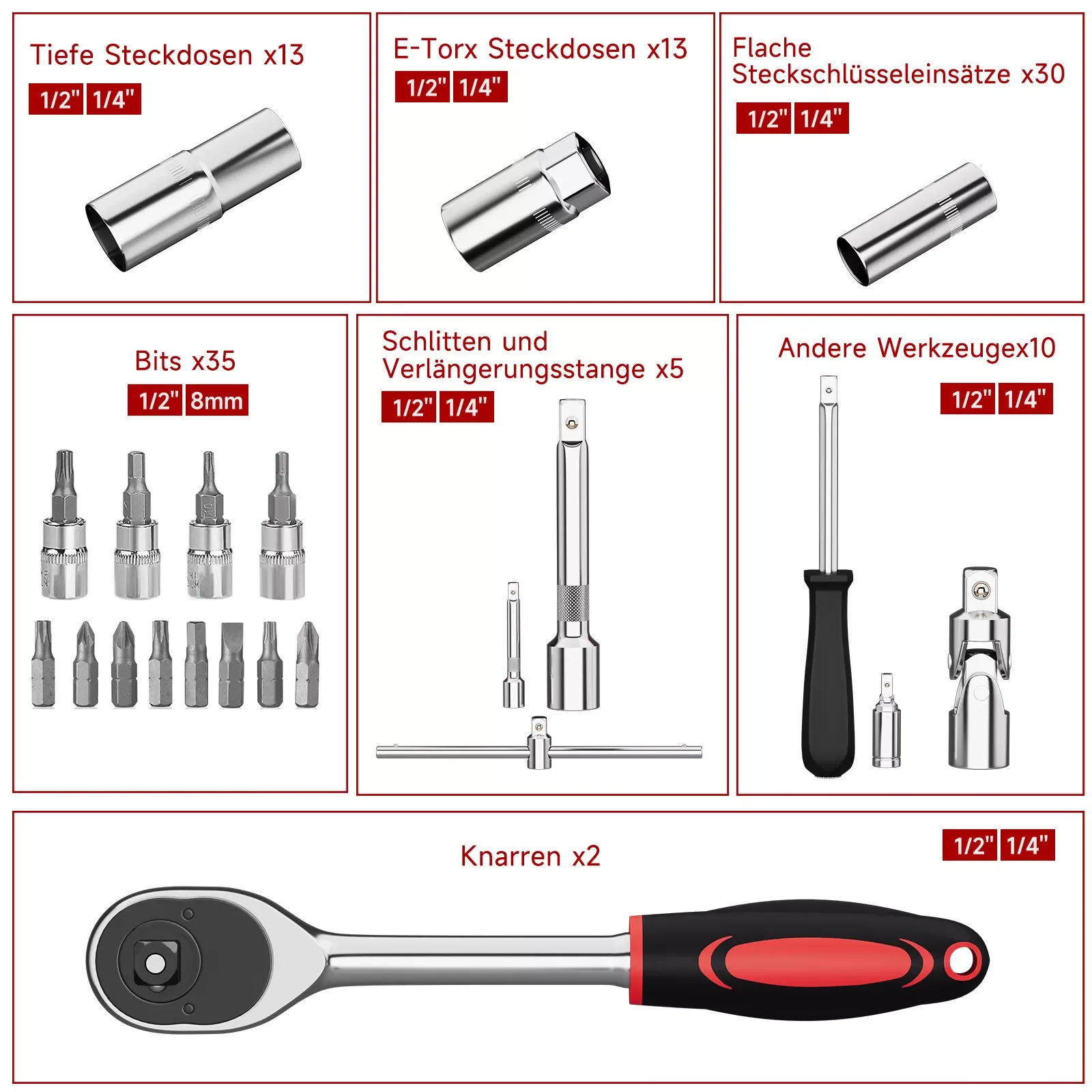 Set von 108teiligen Steckschlüsseln in einem Ratschenkasten, einschließlich 1/4" und 1/2", mit Werkzeugtasche - Image 3