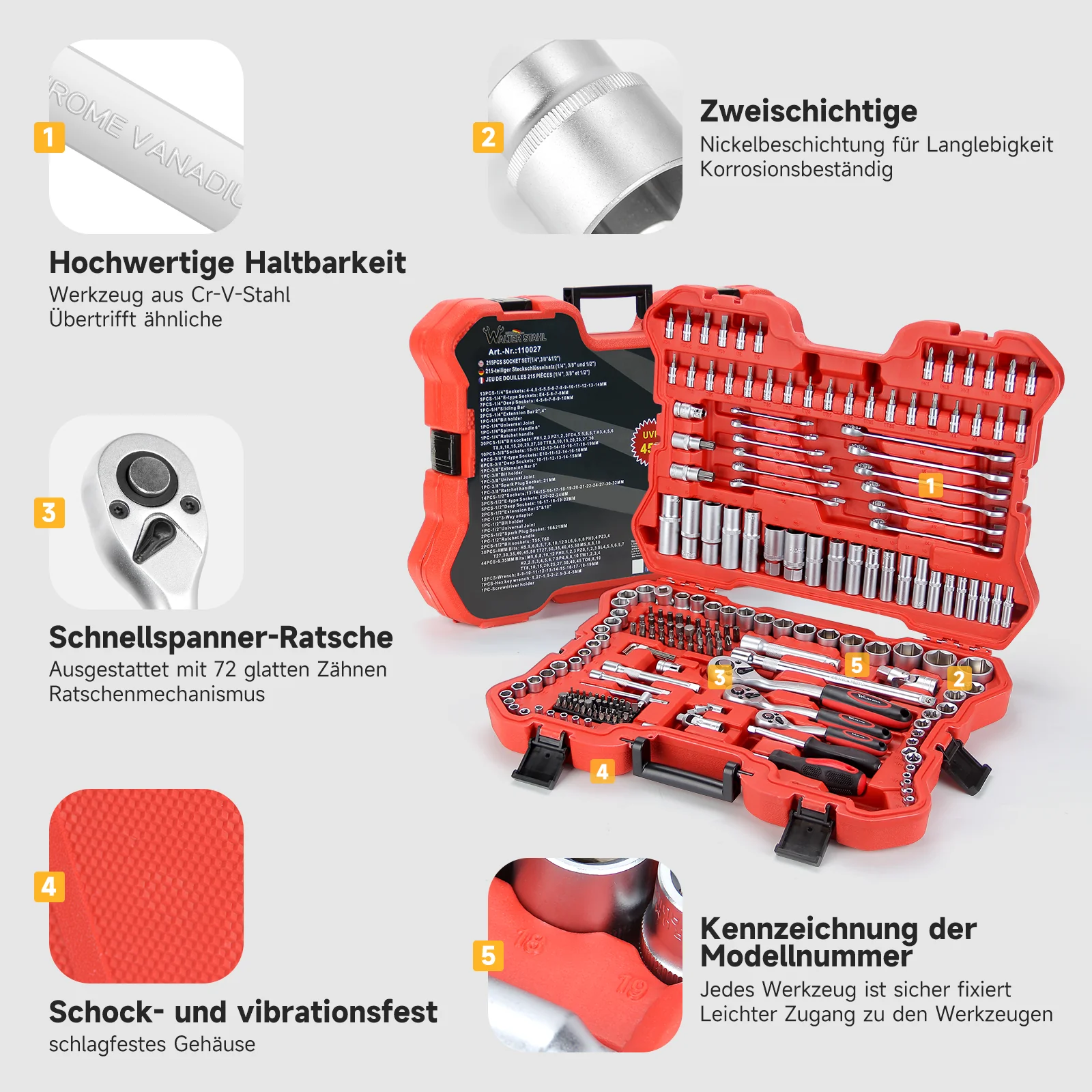 Steckschlüsselsatz 215-tlg. Knarrenkasten 1/4 3/8 1/2 Zoll Chrom-Vanadium Werkzeugkoffer Kfz Reparatur Set - Image 6