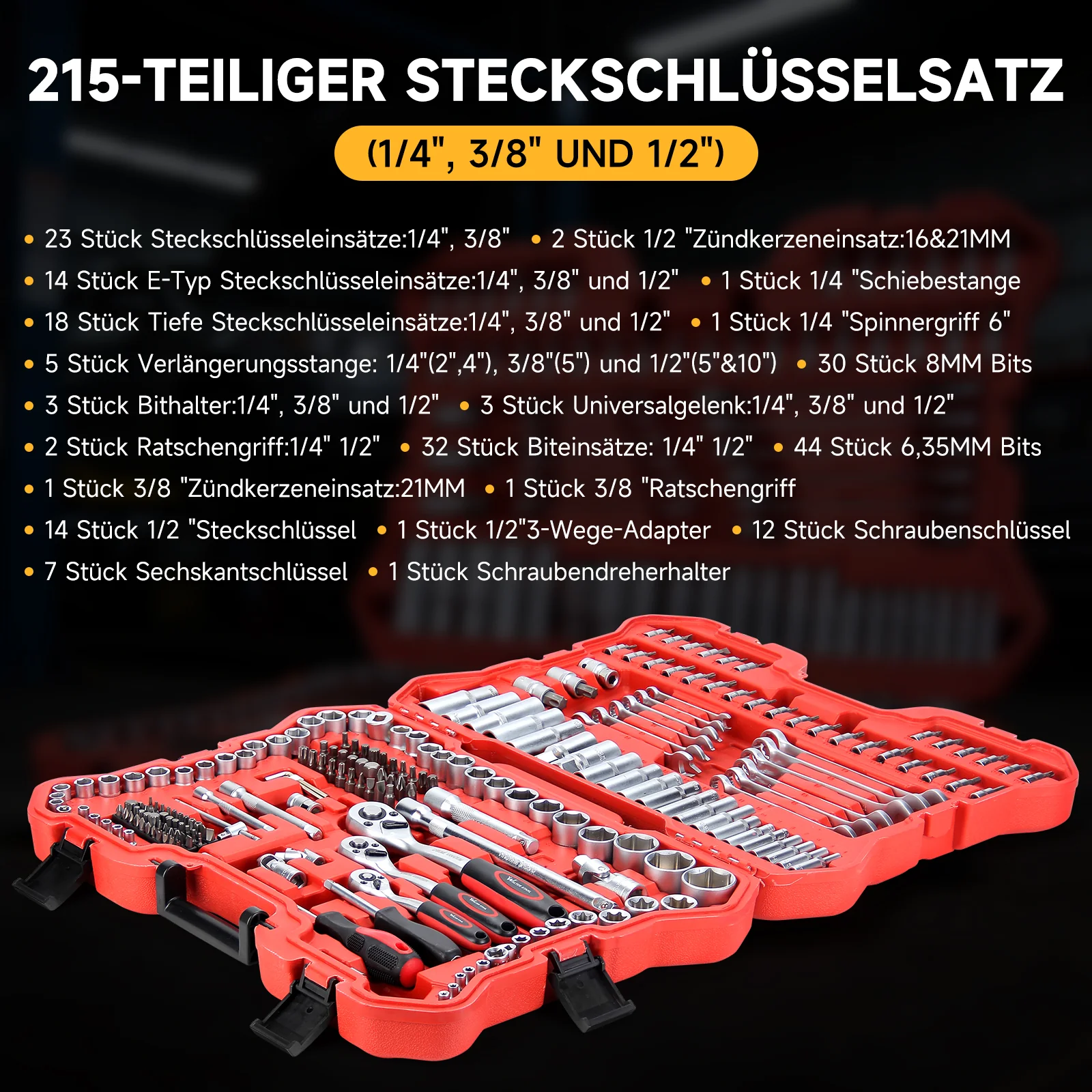 Steckschlüsselsatz 215-tlg. Knarrenkasten 1/4 3/8 1/2 Zoll Chrom-Vanadium Werkzeugkoffer Kfz Reparatur Set - Image 8