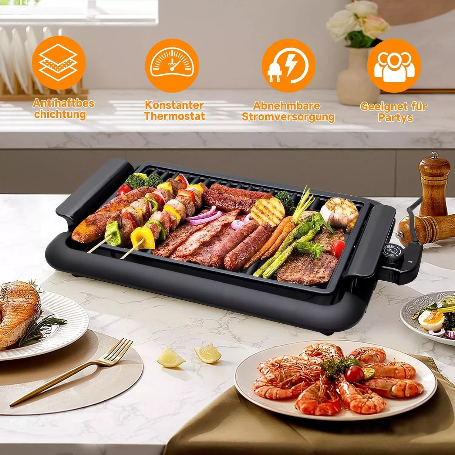 Scheffler Elektrogrill 1200W Balkon & tragbar, rauchfrei. BBQ Grill 38x25cm Schnellheizung sicheres Kochen konstante Temperatur leicht zu reinigen - Image 3