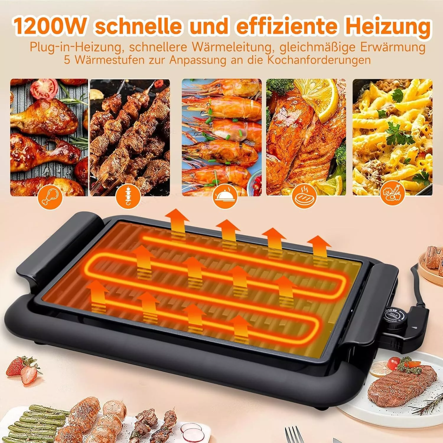 Scheffler Elektrogrill 1200W Balkon & tragbar, rauchfrei. BBQ Grill 38x25cm Schnellheizung sicheres Kochen konstante Temperatur leicht zu reinigen - Image 4
