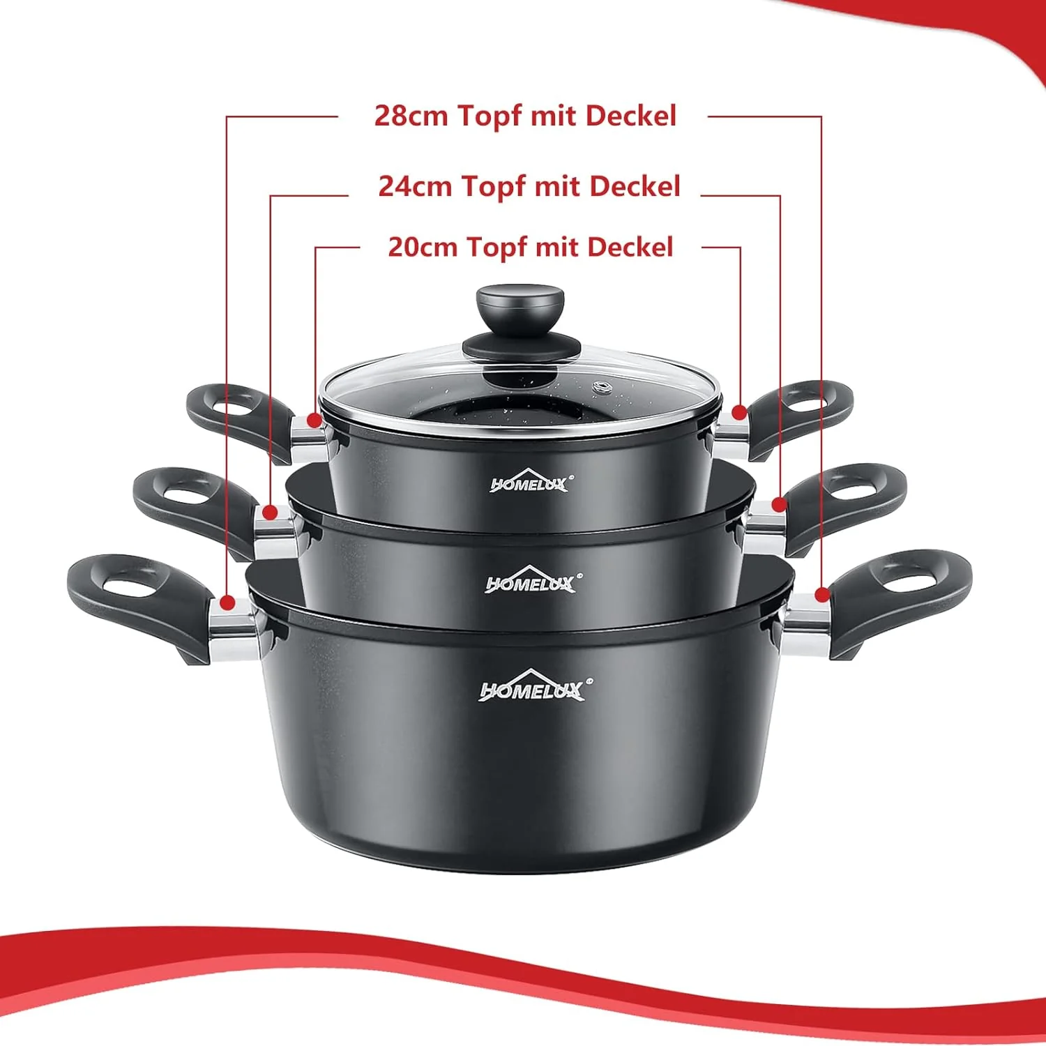 HOMELUX 10-teiliges Induktions-Töpfe-Set: Aluminiumguss-Kochgeschirr mit Antihaftbeschichtung, Deckeln, PFOA-frei. Für alle Herdarten, inkl Grau - Image 4