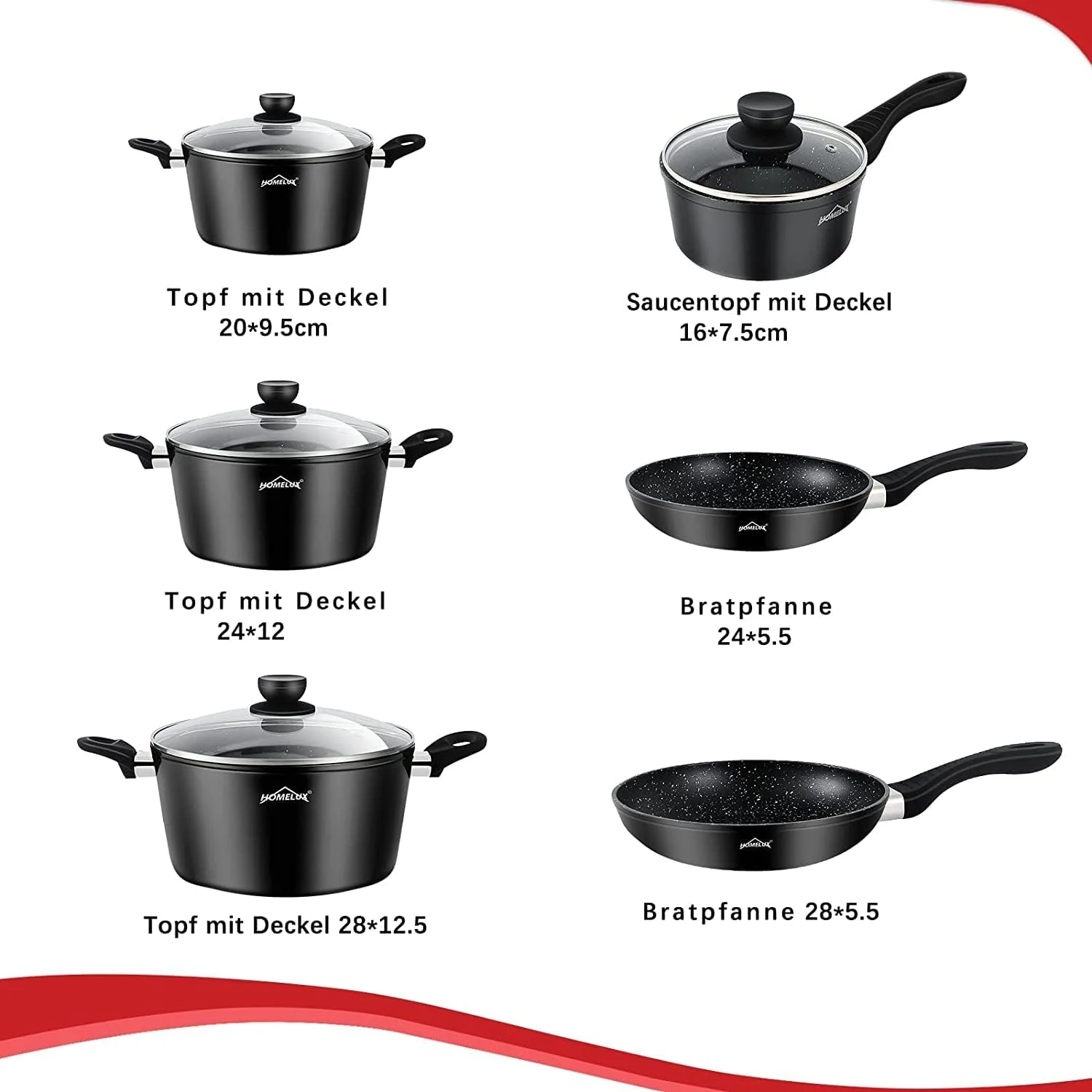 HOMELUX 10tlg Induktions-Töpfe Set Kochtopfset aus Aluminiumguss mit Antihaftbeschichtung, Töpfe inkl. Deckel, PFOA frei Schwarz - Image 3