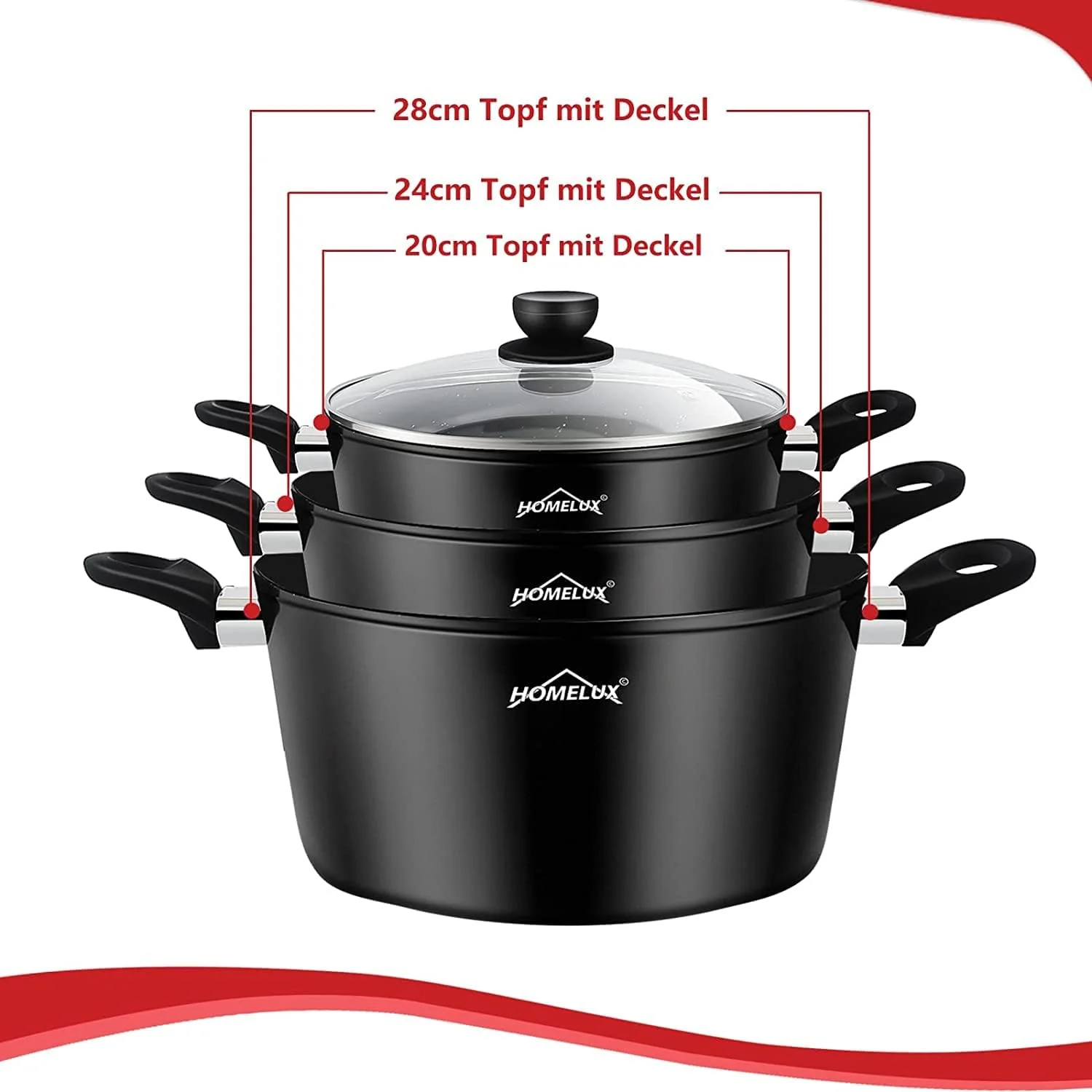 HOMELUX 10tlg Induktions-Töpfe Set Kochtopfset aus Aluminiumguss mit Antihaftbeschichtung, Töpfe inkl. Deckel, PFOA frei Schwarz - Image 4