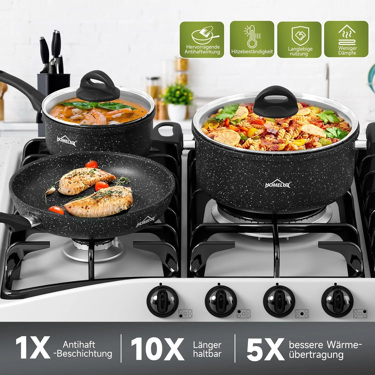 Topfset 13tlg Induktions Töpfe Antihaftbeschichtung Set HOMELUX Aluminiumguss Kochtopfset mit Deckel - Image 5