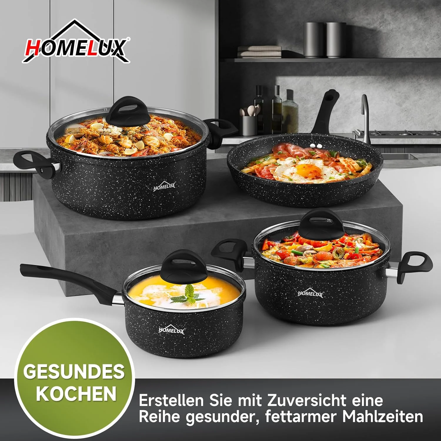Topfset 13tlg Induktions Töpfe Antihaftbeschichtung Set HOMELUX Aluminiumguss Kochtopfset mit Deckel - Image 6