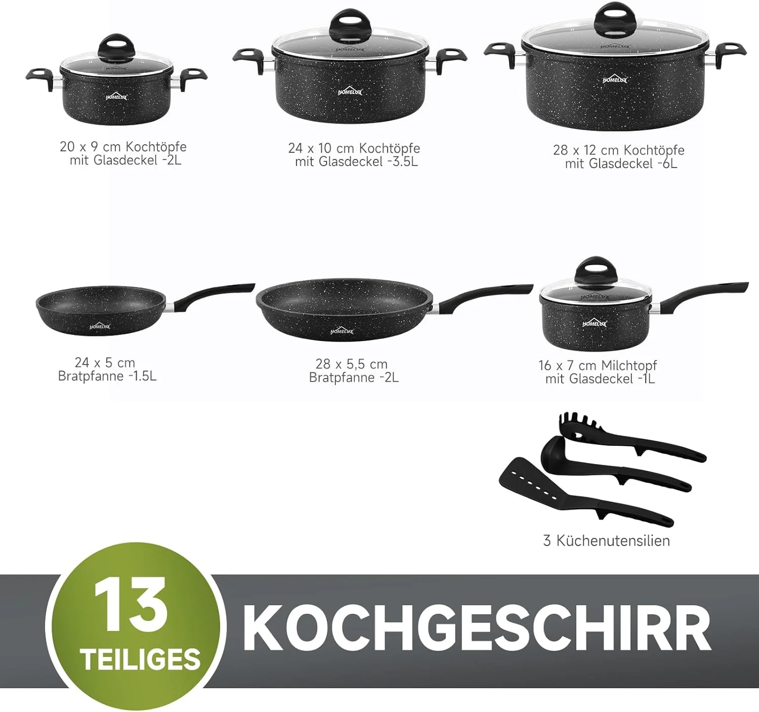 Topfset 13tlg Induktions Töpfe Antihaftbeschichtung Set HOMELUX Aluminiumguss Kochtopfset mit Deckel - Image 7