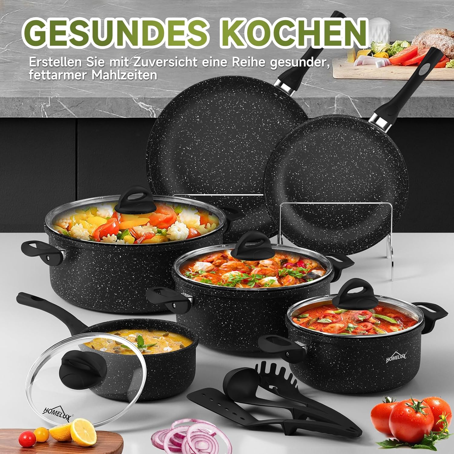 Topfset 13tlg Induktions Töpfe Antihaftbeschichtung Set HOMELUX Aluminiumguss Kochtopfset mit Deckel - Image 8