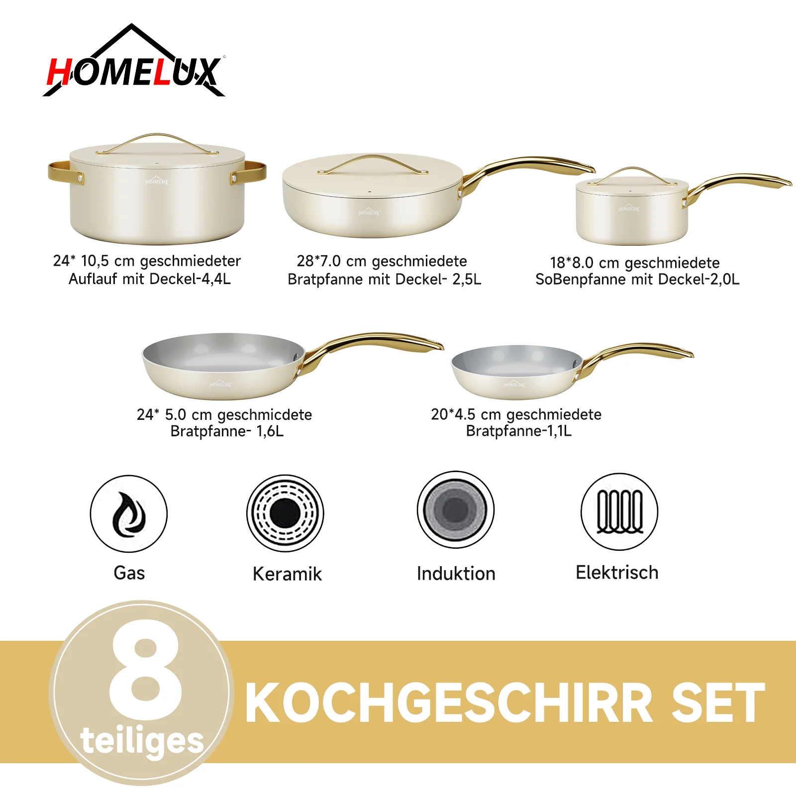 HOMELUX 8-teiliges Induktions-Topfset inklusive Bratpfannen und Glasdeckeln für die moderne Küche - Image 5