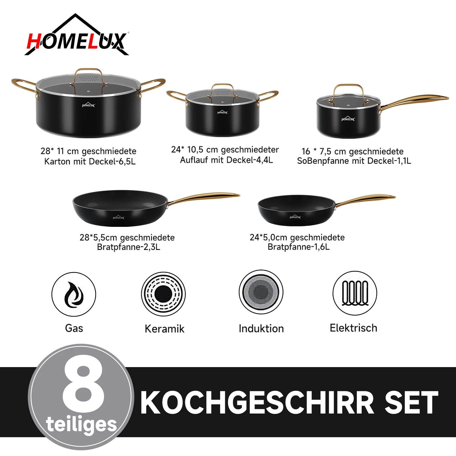 HOMELUX 8-teiliges Induktions-Topfset mit Glasdeckel Kochtöpfe und Pfannen für alle Herdarten in Schwarz - Image 5