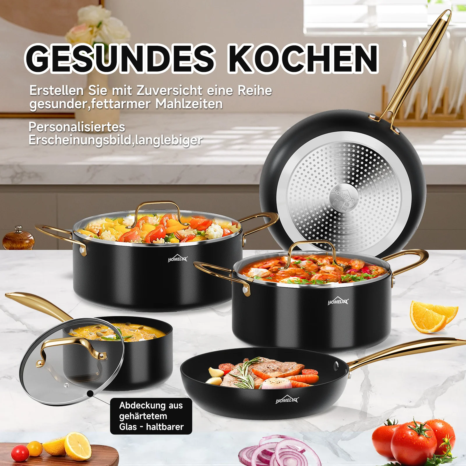 HOMELUX 8-teiliges Induktions-Topfset mit Glasdeckel Kochtöpfe und Pfannen für alle Herdarten in Schwarz - Image 6