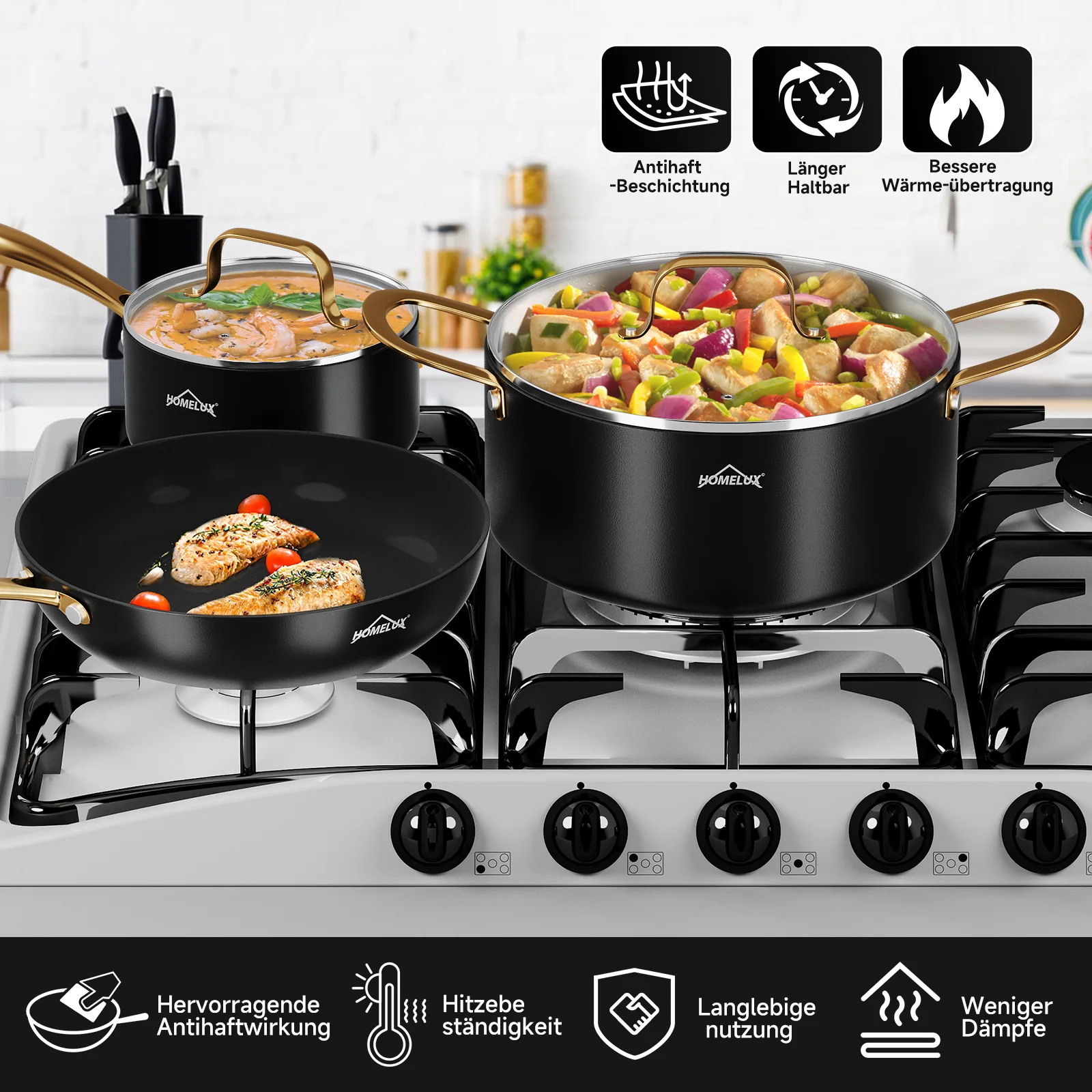 HOMELUX 8-teiliges Induktions-Topfset mit Glasdeckel Kochtöpfe und Pfannen für alle Herdarten in Schwarz - Image 7