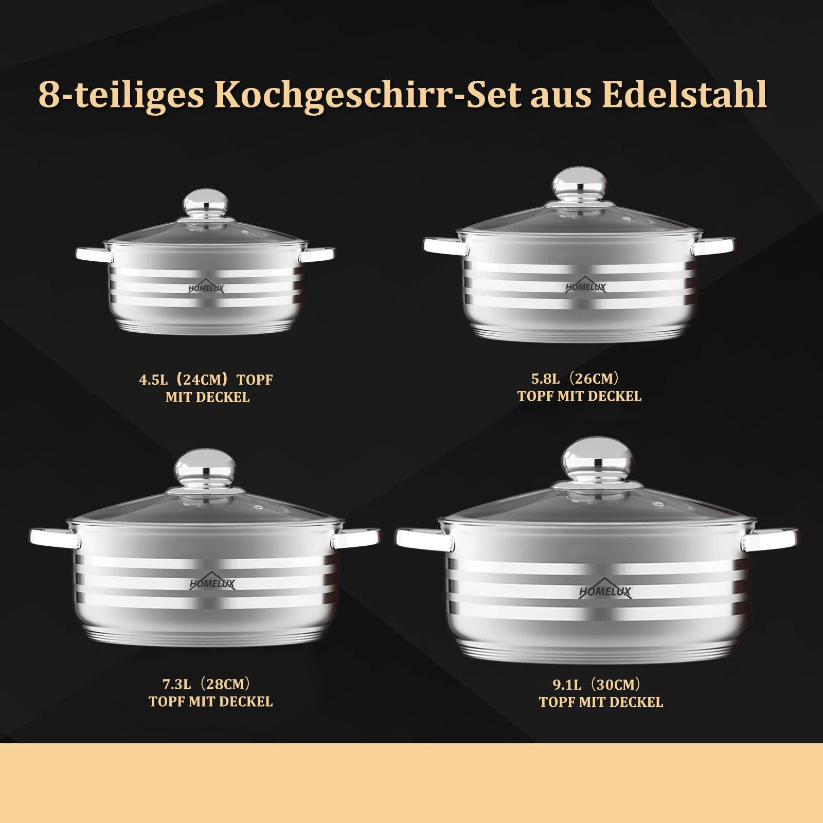 8-teilig Kochtopfset Induktion Homelux Glasdeckel Spülmaschinenfest Kompatibel mit allen Herdarten Langlebige Konstruktion klassisches Design - Image 3