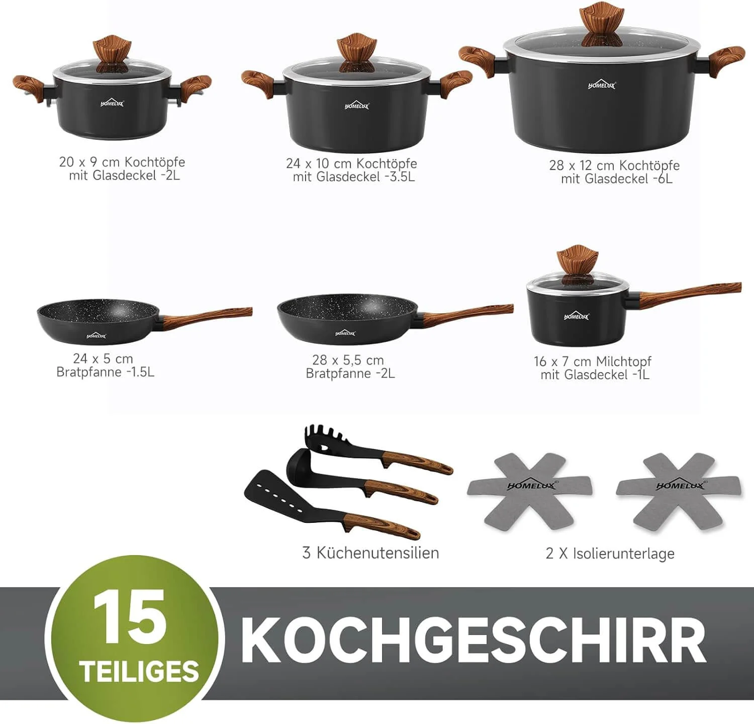 Topfset HOMELUX 15tlg Induktion Aluminiumguss Töpfe Pfannen mit Deckel, Antihaft Pfannenset - Image 2