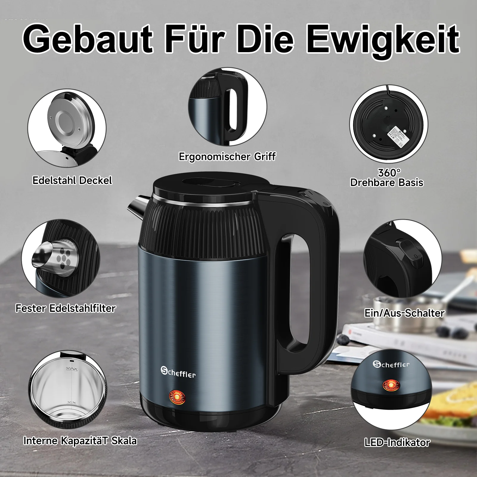 Wasserkocher 2,2L Kabellos 1500W BPA-frei, Schnellkochend, Retro Design Blau/Roségold - Image 3