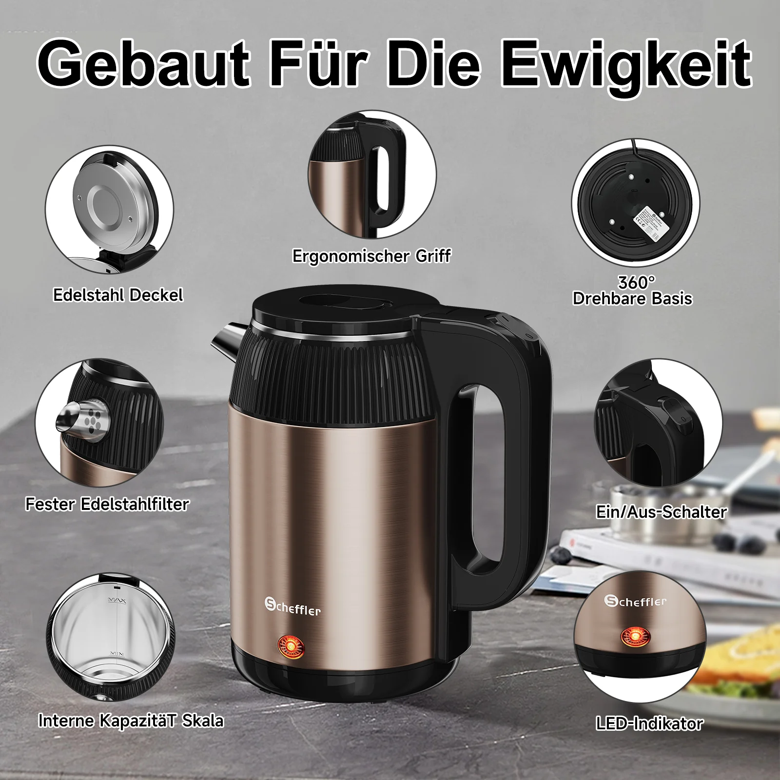 Wasserkocher 2,2L Kabellos 1500W BPA-frei, Schnellkochend, Retro Design Blau/Roségold - Image 5